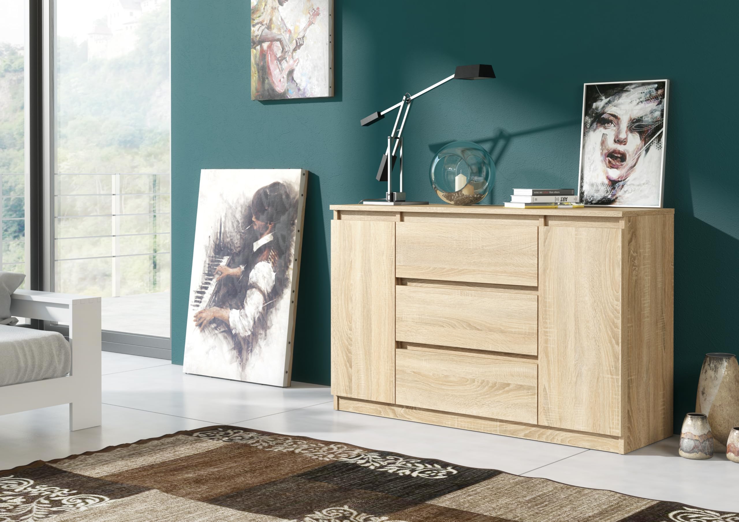 meble masztalerz Komoda Dąb Sonoma Mat z 3 szufladami i 2 drzwiami - 120,4x78,2x39 cm - Komoda do salonu, sypialni - Szafka z szufladami - Komoda z szufladami - 120 cm
