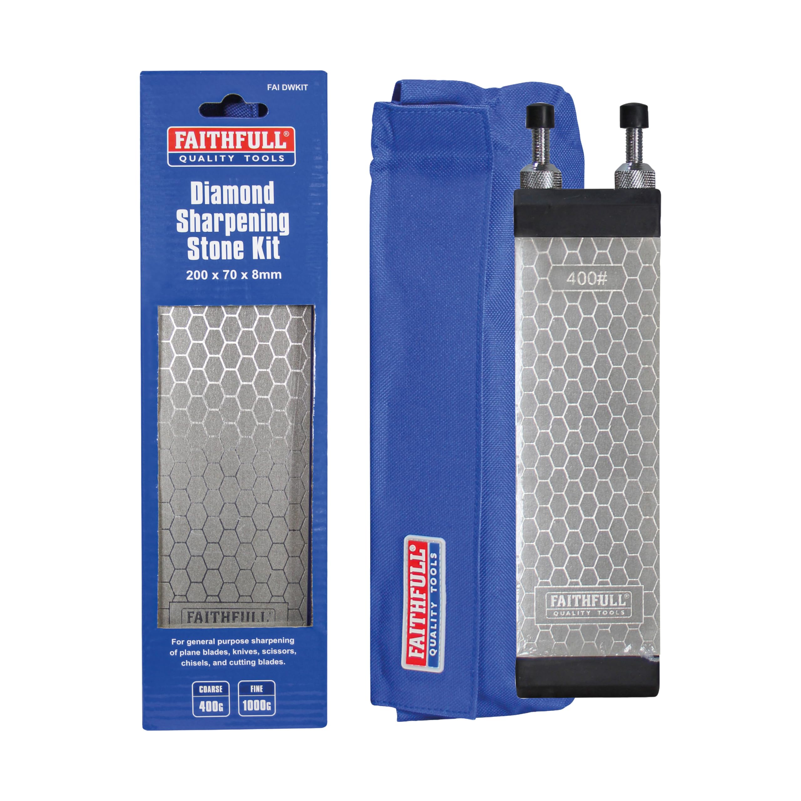 Kit di pietre diamantate per affilatura Faithfull a doppio lato - Pietra per affilatura con base di appoggio e custodia, grana 400G / 1000G per scalpelli, ferri da pialla e lame - 200 x 70 mm