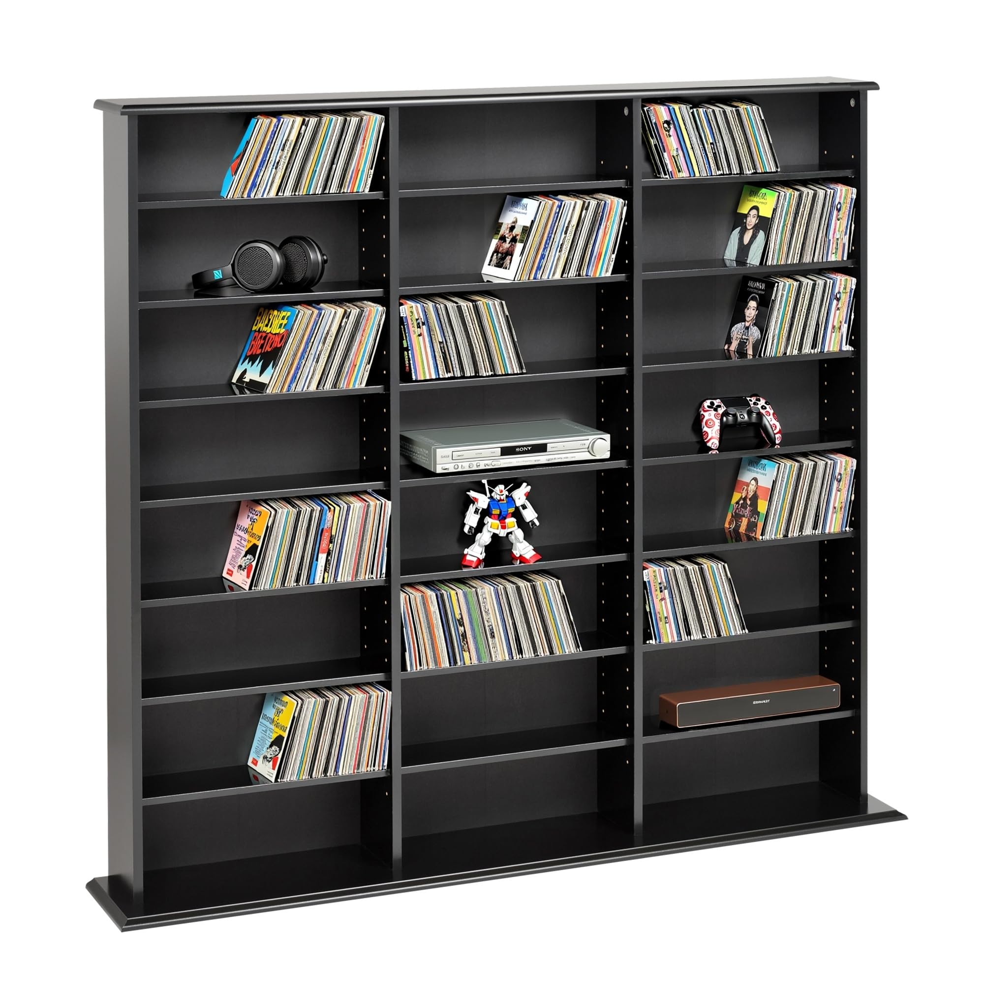 Prepac 3 Column Tall Media Storage Cabinet, Black Storage Cabinet, Display Cabinet, Multimedia Storage Organizer for CDs, DVDs, Blu-rays with 21 Adjustable Shelves 8.75" D x 56" W x 51" H
