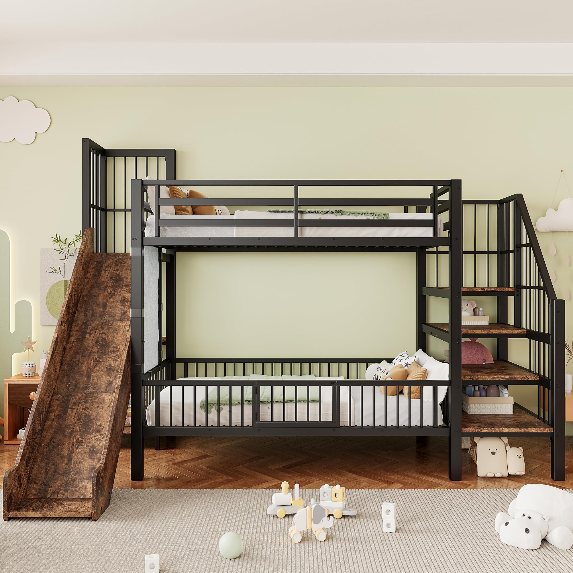 Merax Metall-Etagenbett 90×200 cm, mit Rutsche, Stauraumtreppe, Schutzgitter, integrierten Regalen, platzsparendes Kinderbett, Etagenbett für Jungen & Mädchen, Schwarz (ohne Matratze)