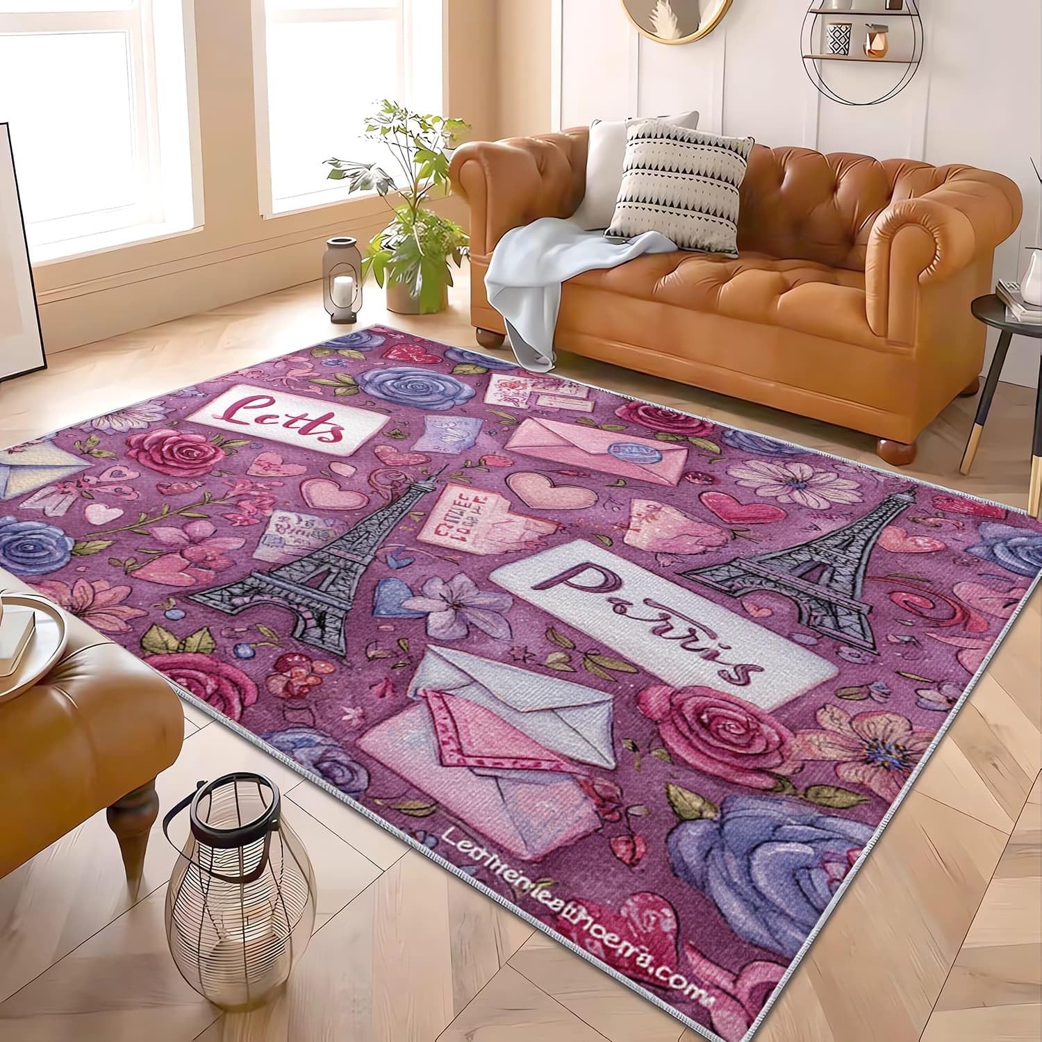 Nowoczesny miękki dywan do salonu 160 x 230 cm paryski romantyczny motyw antypoślizgowy spód, nadaje się do prania do 30 stopni, wejście wewnętrzne, fioletowe dywaniki do dużych rozmiarów