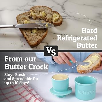 Priority Chef Butter Crock with Lid for Countertop with Spreader Knife and Water Line, Soft Spreadable Butter, Ceramic French Butter Dish with Lid, Cool Green