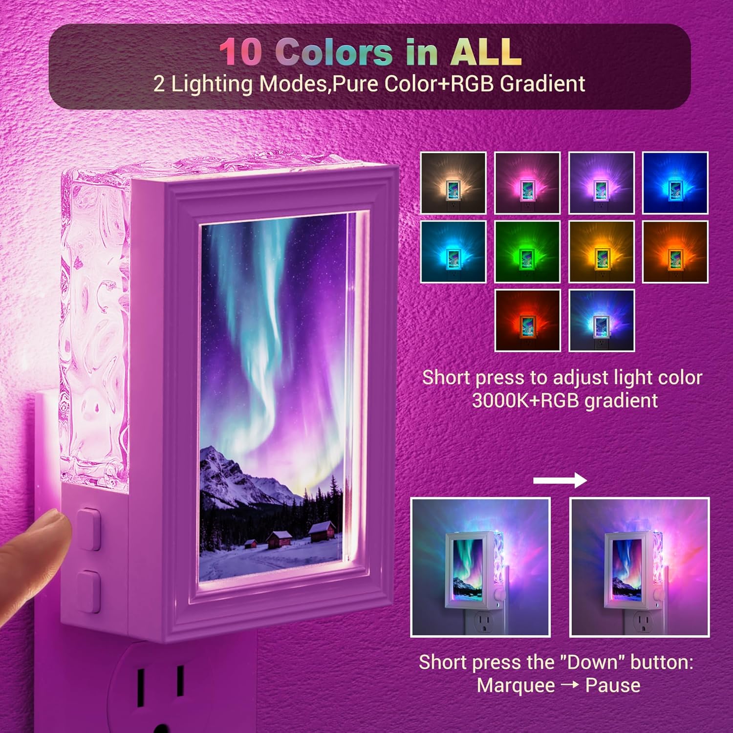 JandCase Night Lights Plug Into Wall: Picture Night Light with 10 Color Change, Dusk to Dawn Sensor, Backlit Nightlight with Picture Frames for Women Teen Girl Birthday Gifts Northern Light Projector