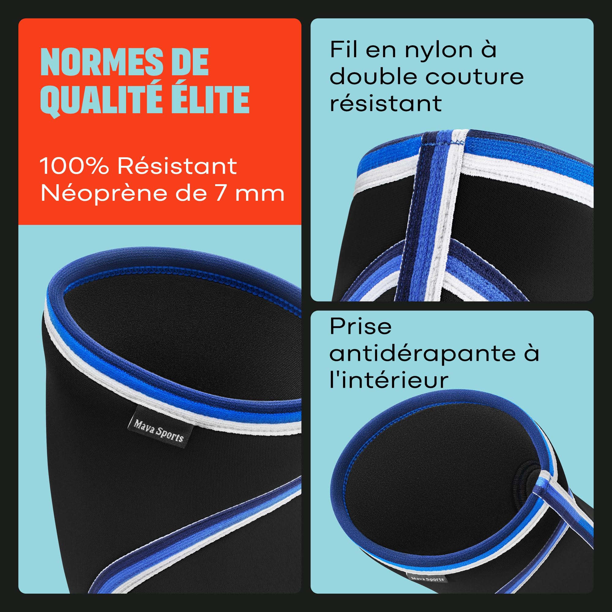 Genouillère de Compression Mava - Genouillère Sport pour Homme et Femme - 7mm Néoprène pour WOD, Gym, Squats, Course, & Musculation (lot de 2)