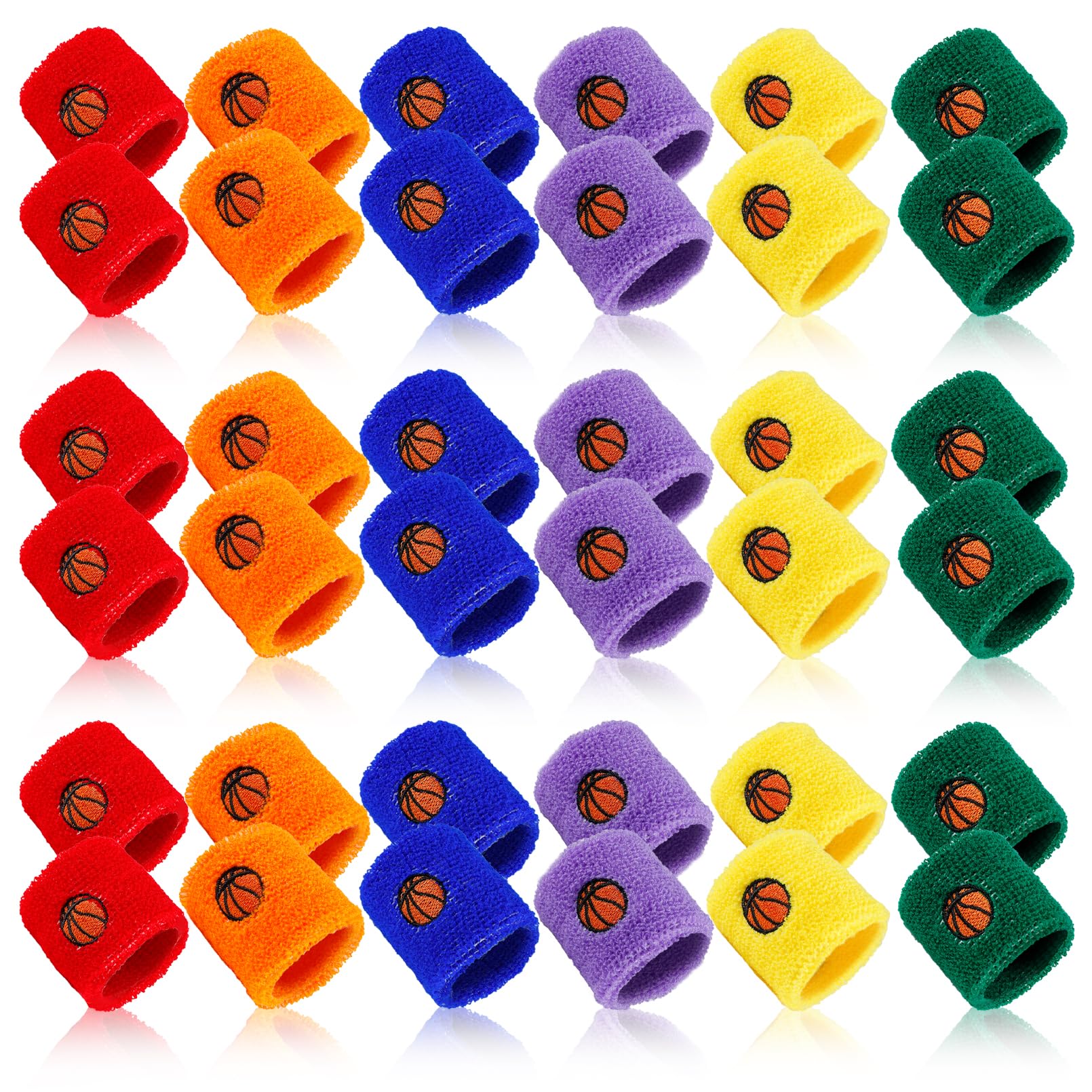 CACASO 36 Pieces Sports Wristbands for Kids,Colorful Wrist Sweatbands,Sports Party Terry Cloth Wristbands with 6 Basketball Design,Sweat Bands for