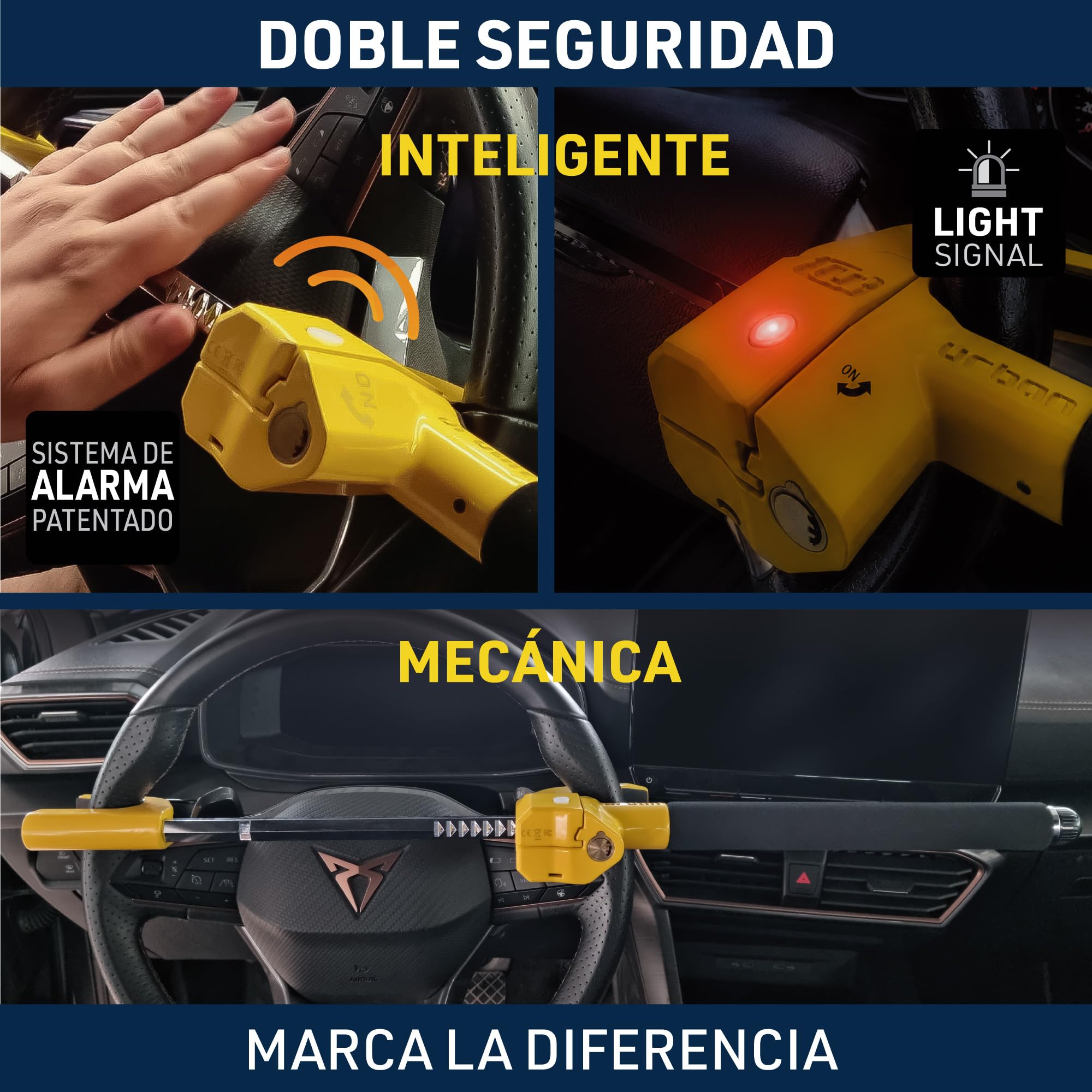 URBAN UR978Y Antirrobo Coche Doble Seguridad, Barra Volante Sin/Con Alarma Hi-Tech 120dB+LED Más Seguro y Visible, Bloqueo Automático, Patentado, Cepo Coche Universal Auto SUV Camper Autocaravana