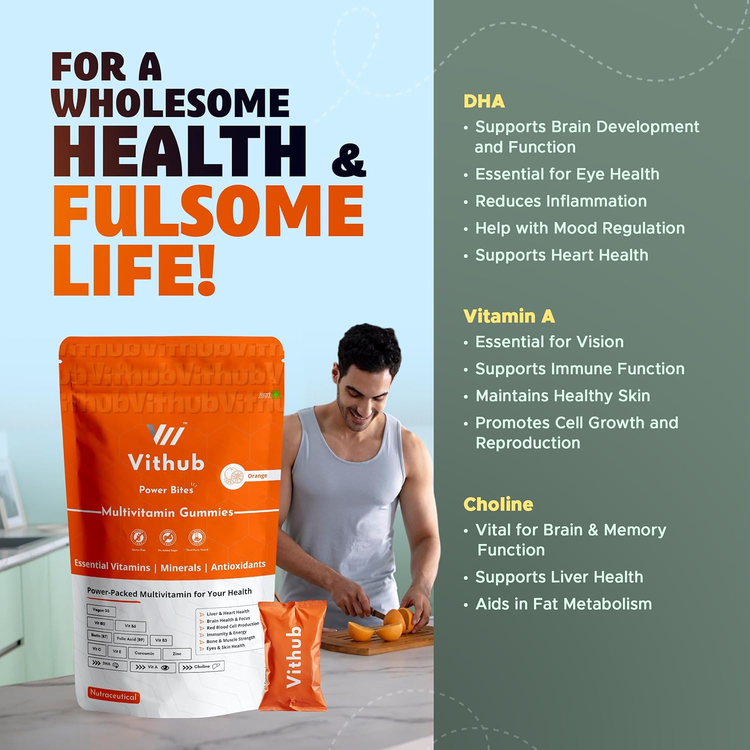 Vithub Multivitamin Gums for Daily Energy and Welfare | 30 days pack | Vitamin A, B Complex, C, D3, E, Zinc with zinc folic acid, DHA for brain, choline and curcumine. Zesty Orange Taste | Any couple sugar | One day Third party test | Vegetarian | NABL certified Vithub Multivitamin Gums for Daily Energy and Welfare | 30 days pack | Vitamin A, B Complex, C, D3, E, Zinc with zinc folic acid, DHA for brain, choline and curcumine. Zesty Orange Taste | Any couple sugar | One day Third party test | Vegetarian | NABL certified