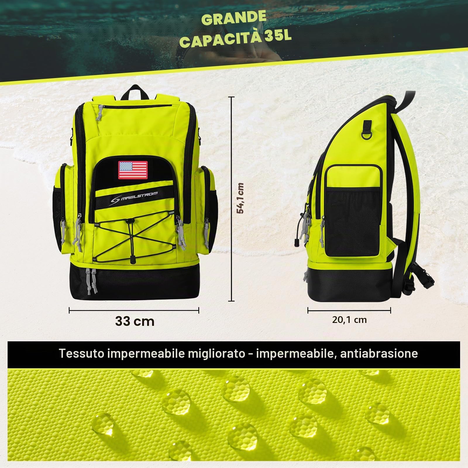 Maelstrom Swim Backpack,35L Swimming Bag with Separate Shoes Compartment,Swim Gear Bag,Athlete Gym Rucksack for Men and Women