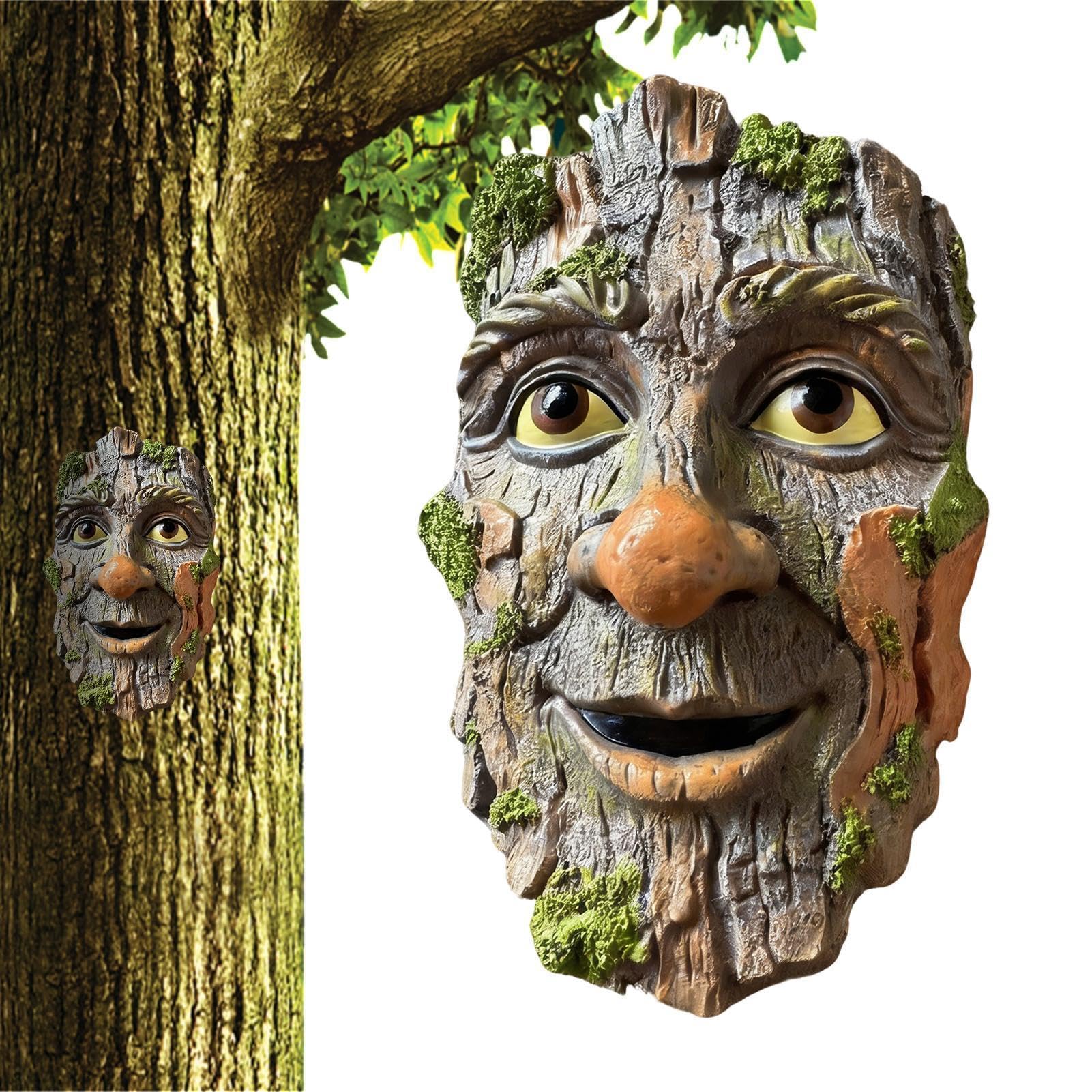 Statue faciès malicieux de vieillard et déco arbre pour jardin