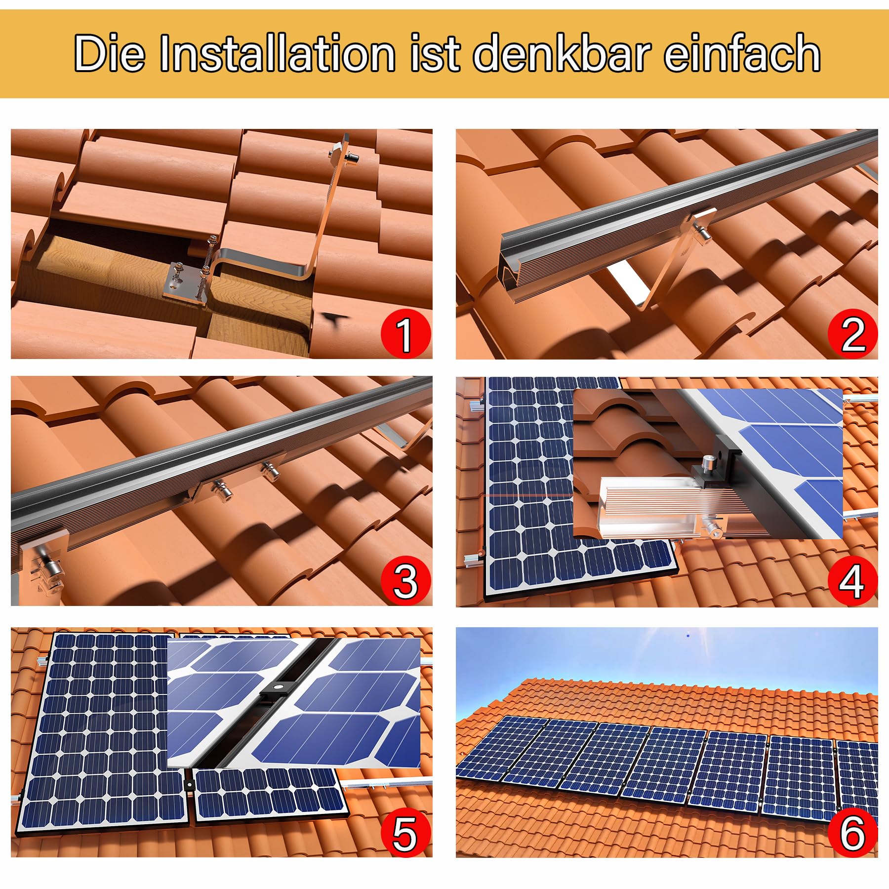 TEOV Soporte de techo para módulos solares PV, kit de montaje de tejas con riel de montaje de 1500 mm y gancho para techo, fijación de panel solar con abrazadera final y abrazadera central de 30 mm,