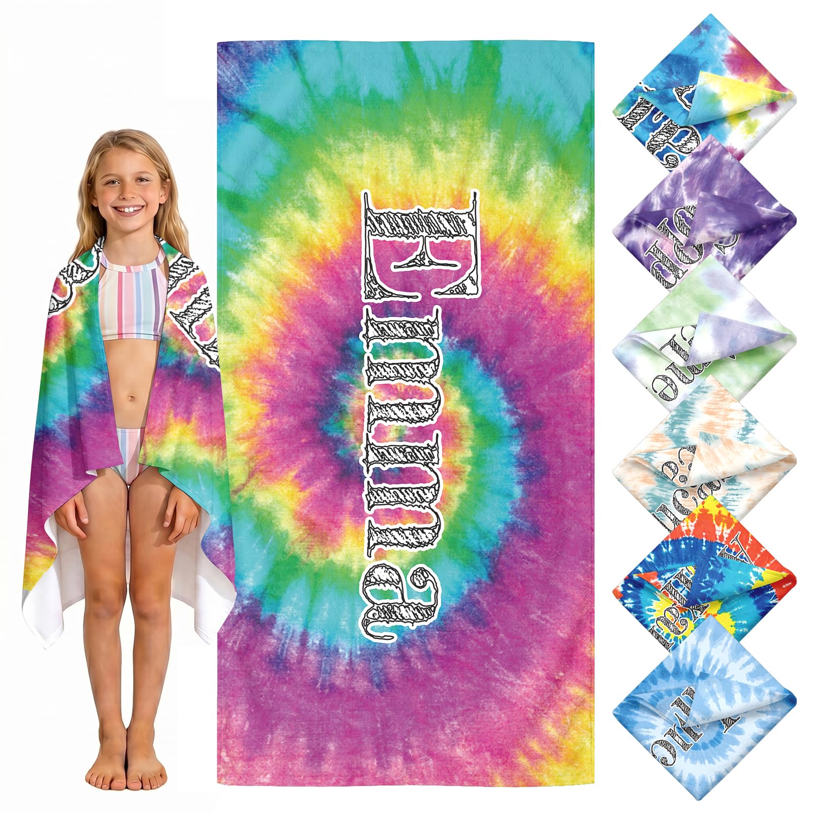 Loosusu Personalised Beach Towels for Kids - Custom Beach Towels with Monogram & Name- Ultra Absorbent Super Soft Tie-Dye Swim Towels for Kids,Customised Bath/Pool/Beach Towel for Boys Girls — image 1