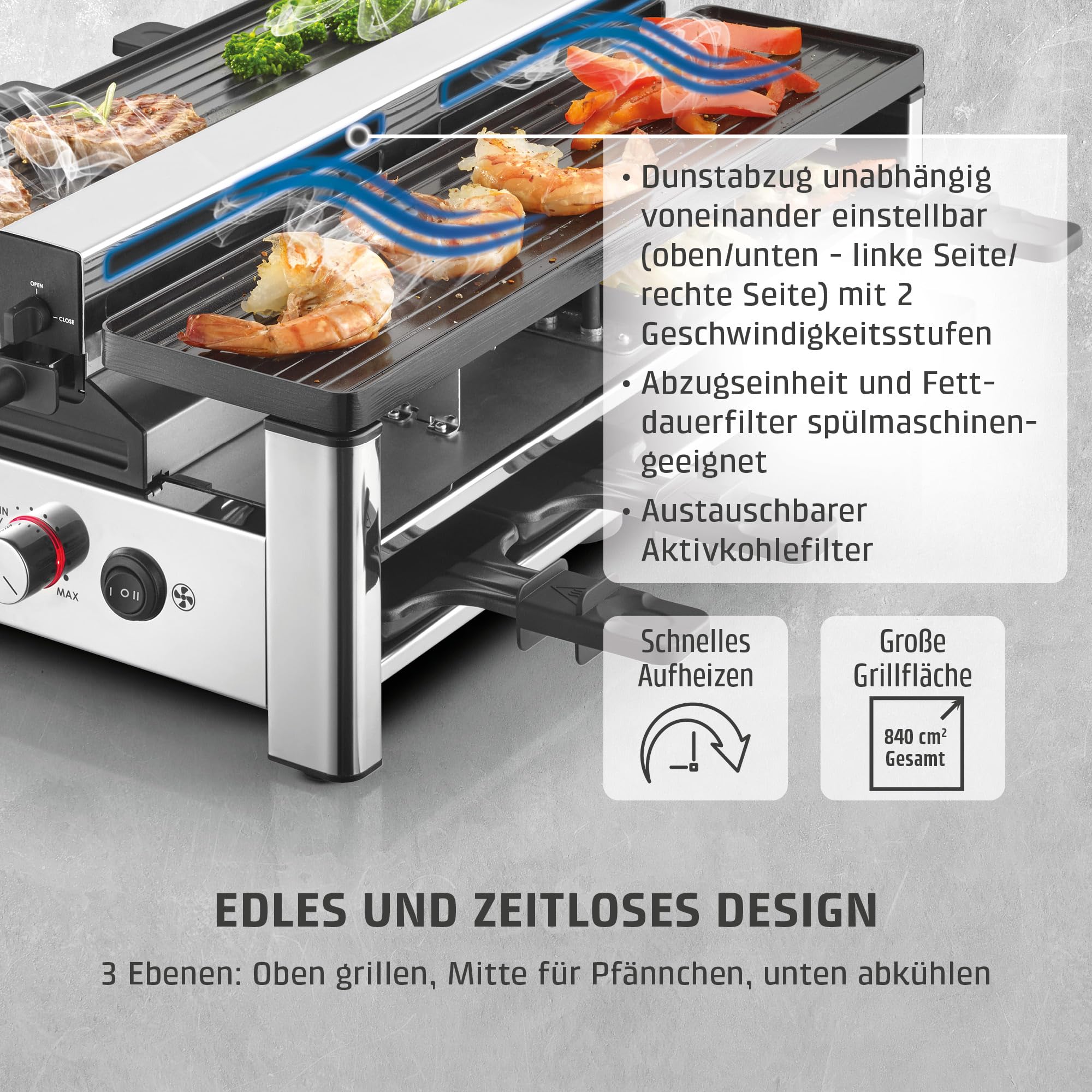 CASO Raclette AirClean - Raclettegrill mit integriertem Dunstabzug, für 8 Personen, schnelles Aufheizen, Antihaft Keramik-Beschichtung (PFAS-frei), 1500 Watt, austauschbarer Geruchs- und Kohlefilter