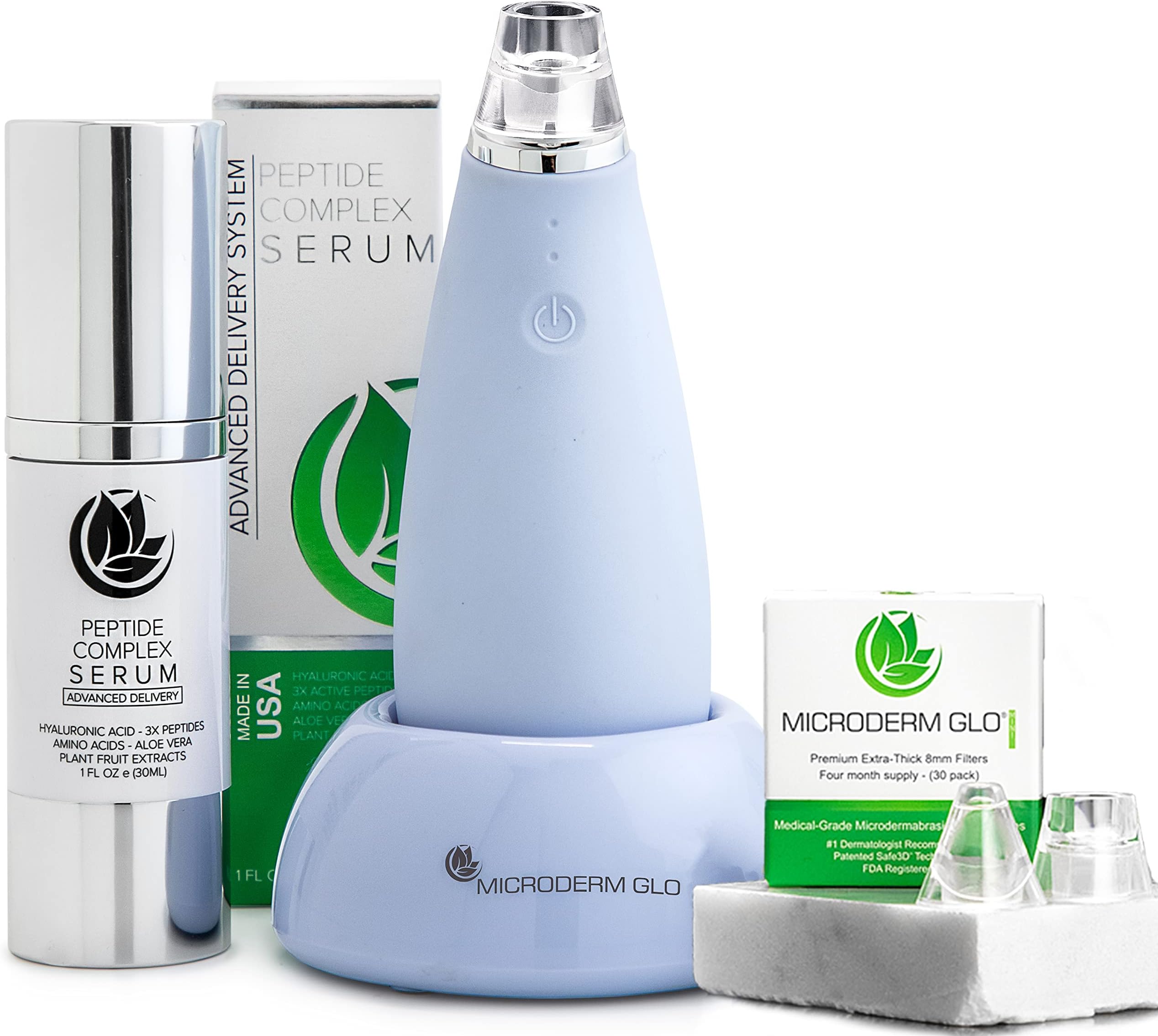 Microderm GLO MINI Premium Skincare Bundle - Includes Diamond Microdermabrasion System, 8mm Filters 30 pack, Peptide Complex Serum. Best Anti Aging Treatment Blackhead Remover and Pore Vacuum Kit Gray