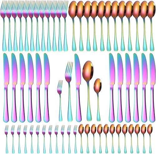 Miniatura 252 de A·HOUSEWARE - Juego de cubiertos iridiscentes con diseño hueco, 20 piezas, acero inoxidable, incluye tenedores, cucharas, cuchillos, utensilios