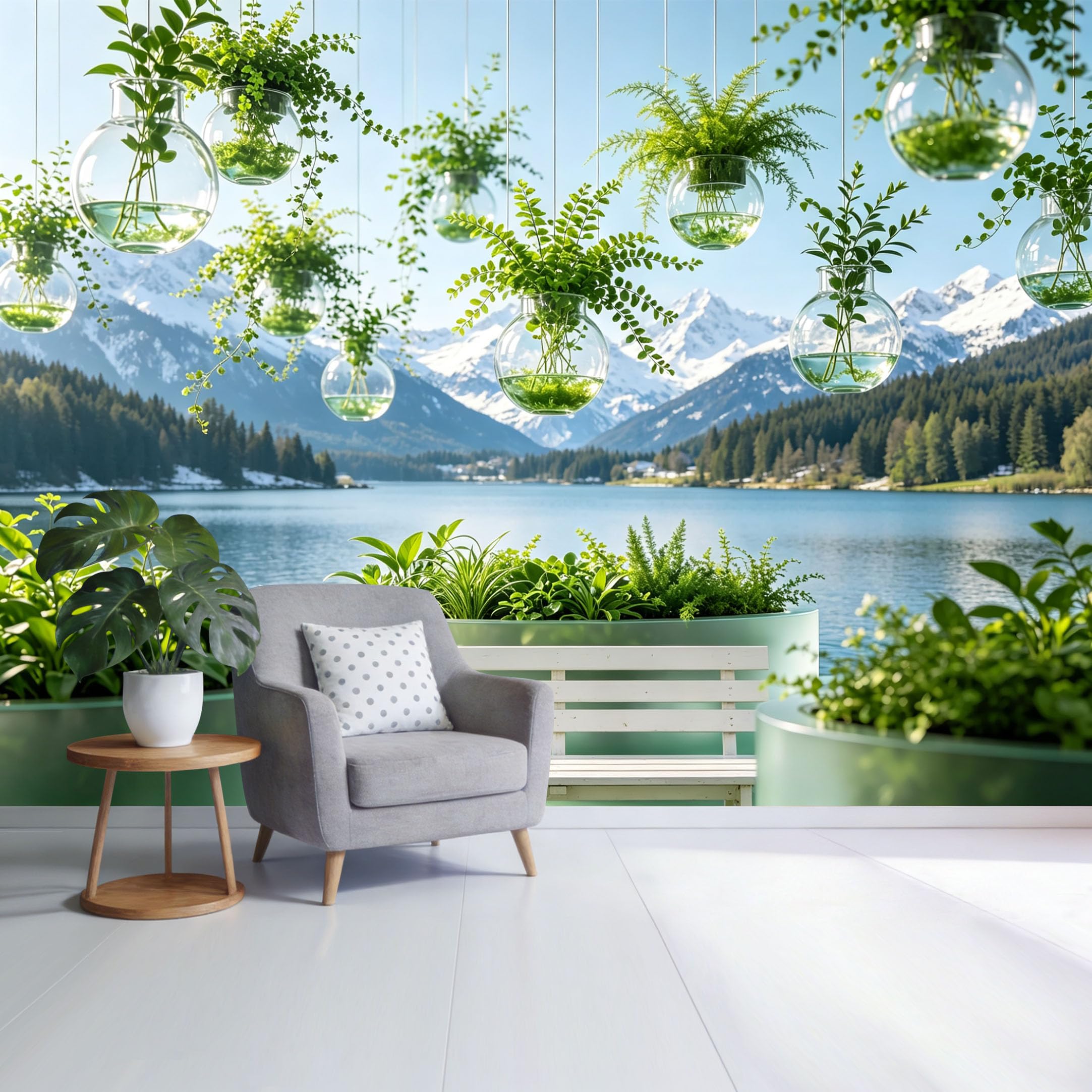 Custom Size Wall Mural Botanical Lake View Snow Mountain Hanging Glass Plant Landscape SelfAdhesive Wall Fabric Removable Wallpaper for Home Office Decor