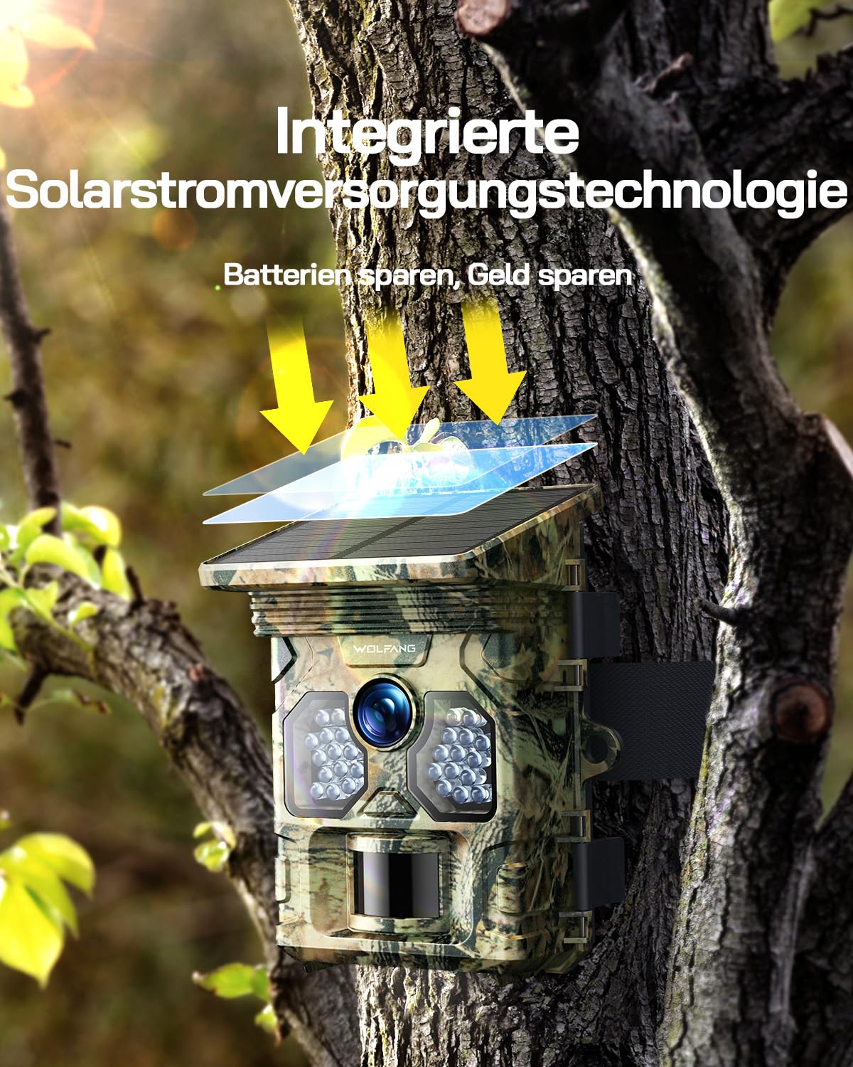 WOLFANG Wildkamera, 4K Solar Video Wildtierkamera, 48MP Full HD-Auflösung Jagdkamera, Nachtsicht, Bewegungssensor, 0.1s Auslösezeit, IP66 Wasserdicht für Wildlife Monitoring