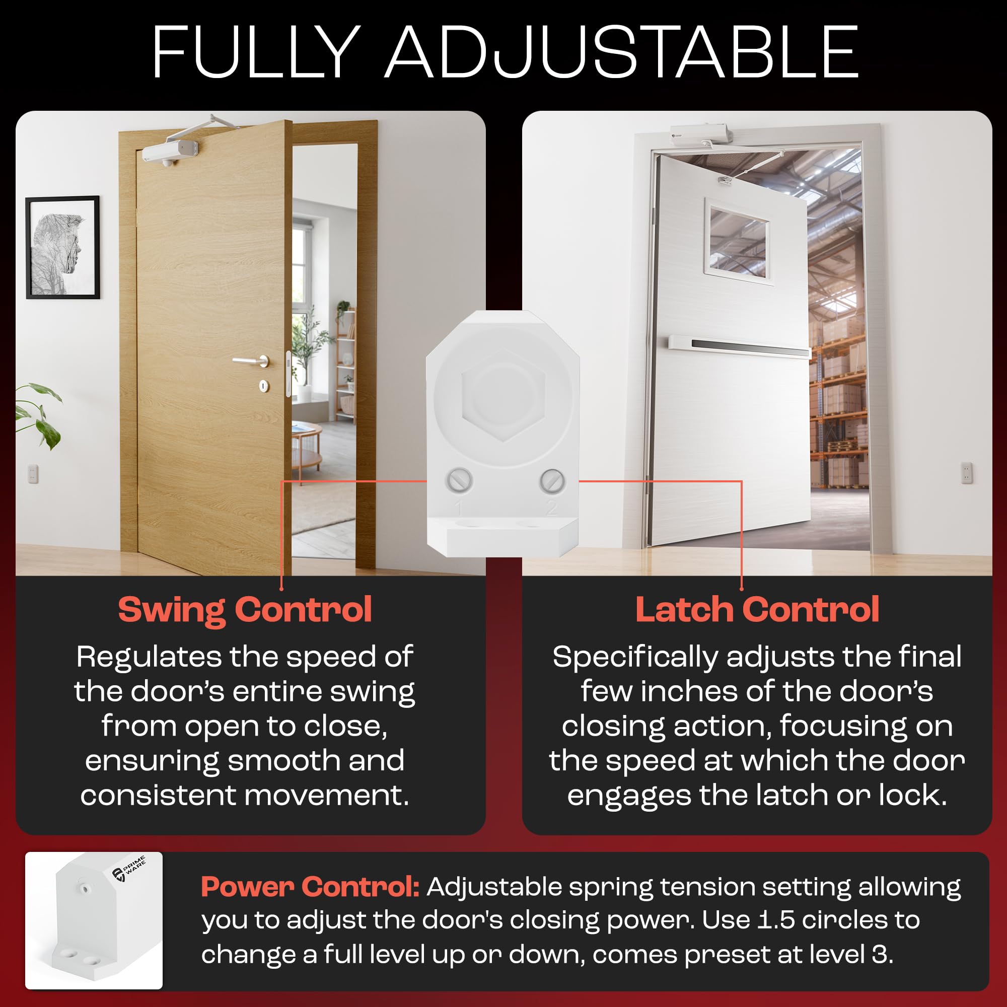 PrimeWare DC-600 Ferme-porte automatique réglable pour maison | Fermeture amortie | Pas de claquement | Ferme-porte résidentiel et commercial | Niveau 1 à 6 | Pour portes de 13,6 à 136,1 kg | Ressort