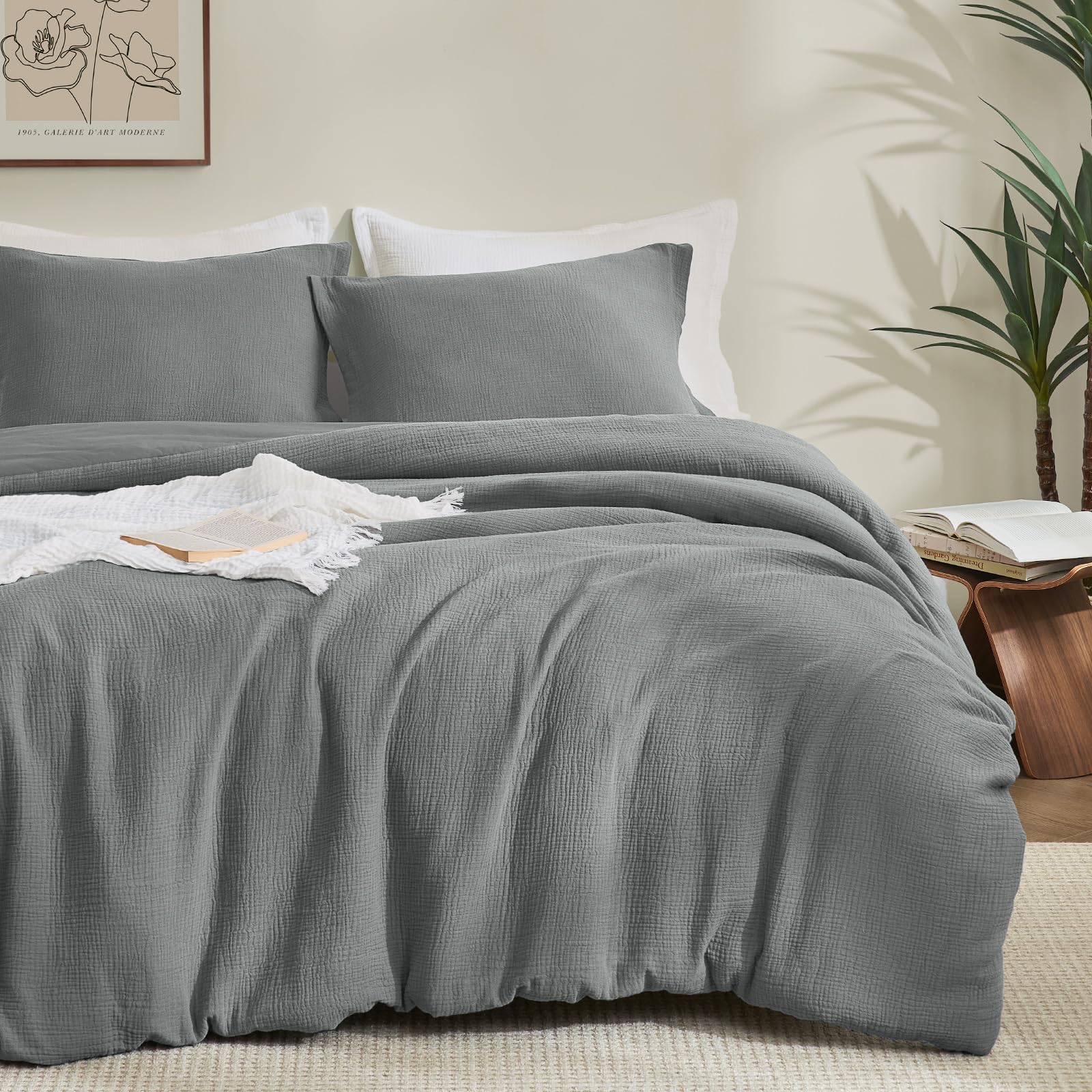 PHF 100% Cotton Muslin Comforter Set King Size – Ultra Soft, Breathable, Lightweight, Bedding Set for All Seasons, 3 Pieces (1 Comfy Comforter 104"x90", 2 Pillow Shams 20"x36"), Grey