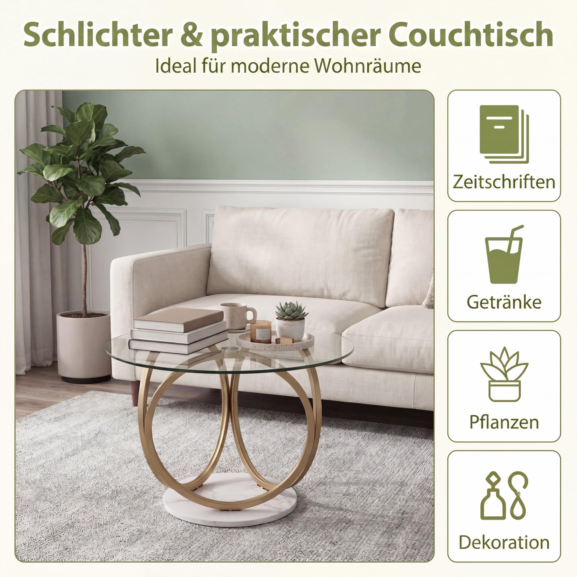 SOARS Runder Couchtisch aus Glas mit 2 Ablagen und goldenem Metallgestell