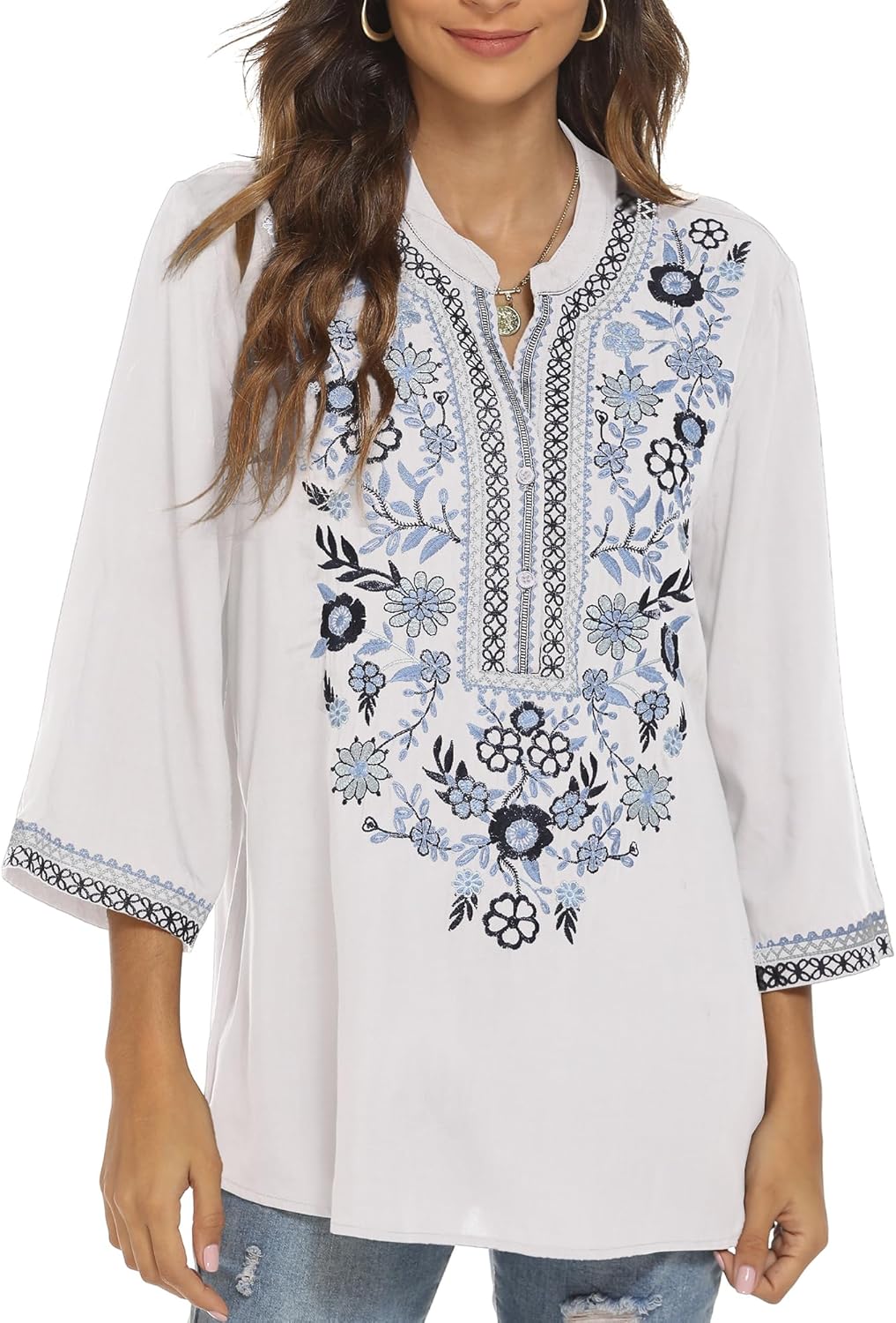 LauraKlein Women's Mexican Embroidered Tops for Women V Neck 3/4 Sleeve Shirts Peasant Casual Loose Summer Tunics Blouse