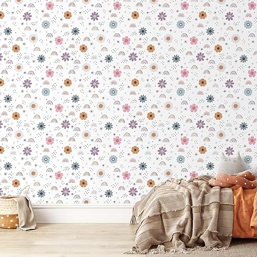 Miniatura 2 de CHIHUT Papel tapiz bohemio de 17.7 x 236 pulgadas, diseño de arco iris, para despegar y pegar, para dormitorio de niñas, decoración de flores,