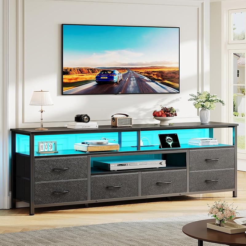 Furologee 63'' LED TV Stand, Entertainment Center w/Power Outlets, Black image 7