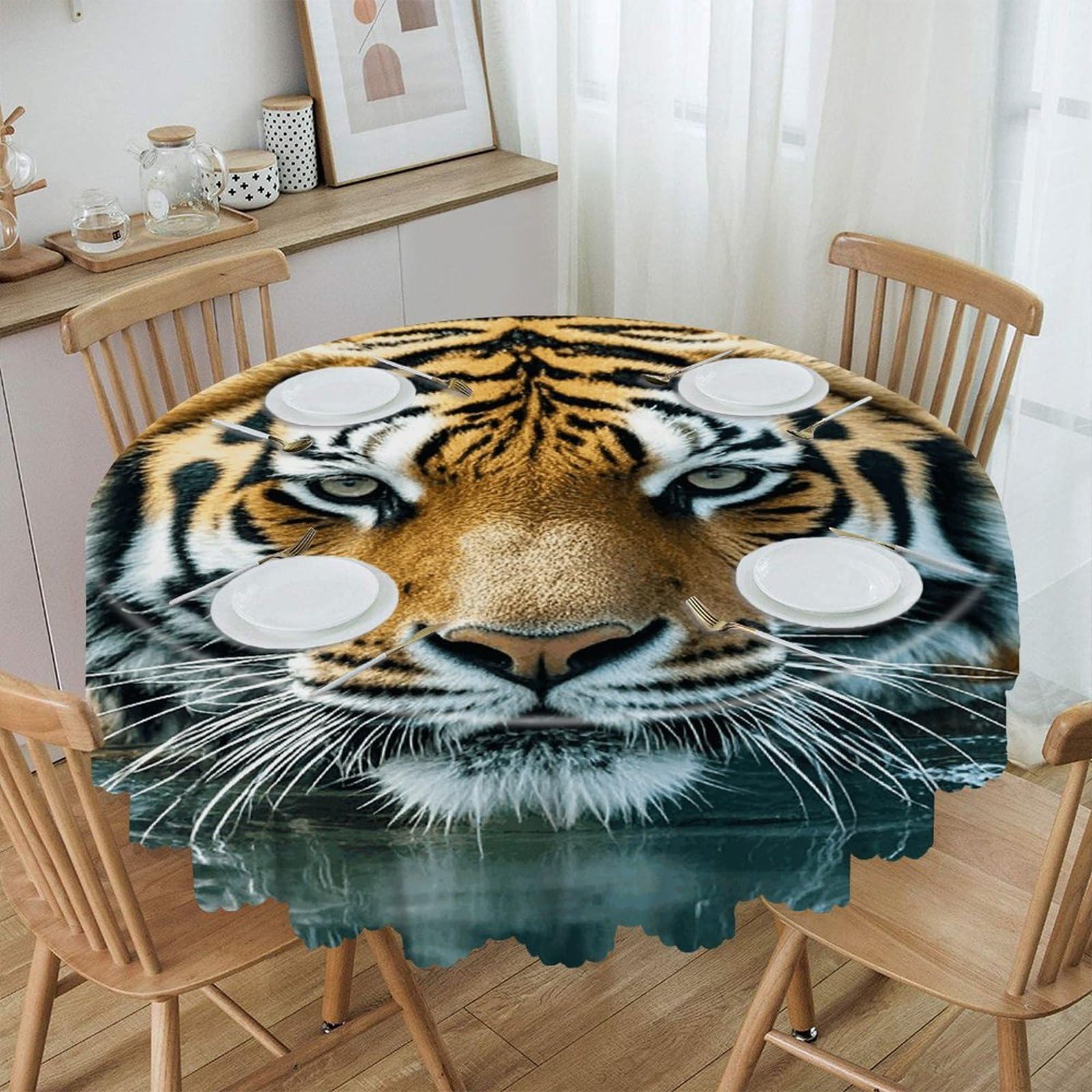 LZQPOEAS Tiger Swims in The Water Round Tablecloth Rustic Circle Table Cloth Wrinkle Resistant Decor Tablecloth Waterproof Washable Table Cover for Kitchen Party Dining Table 60 Inch