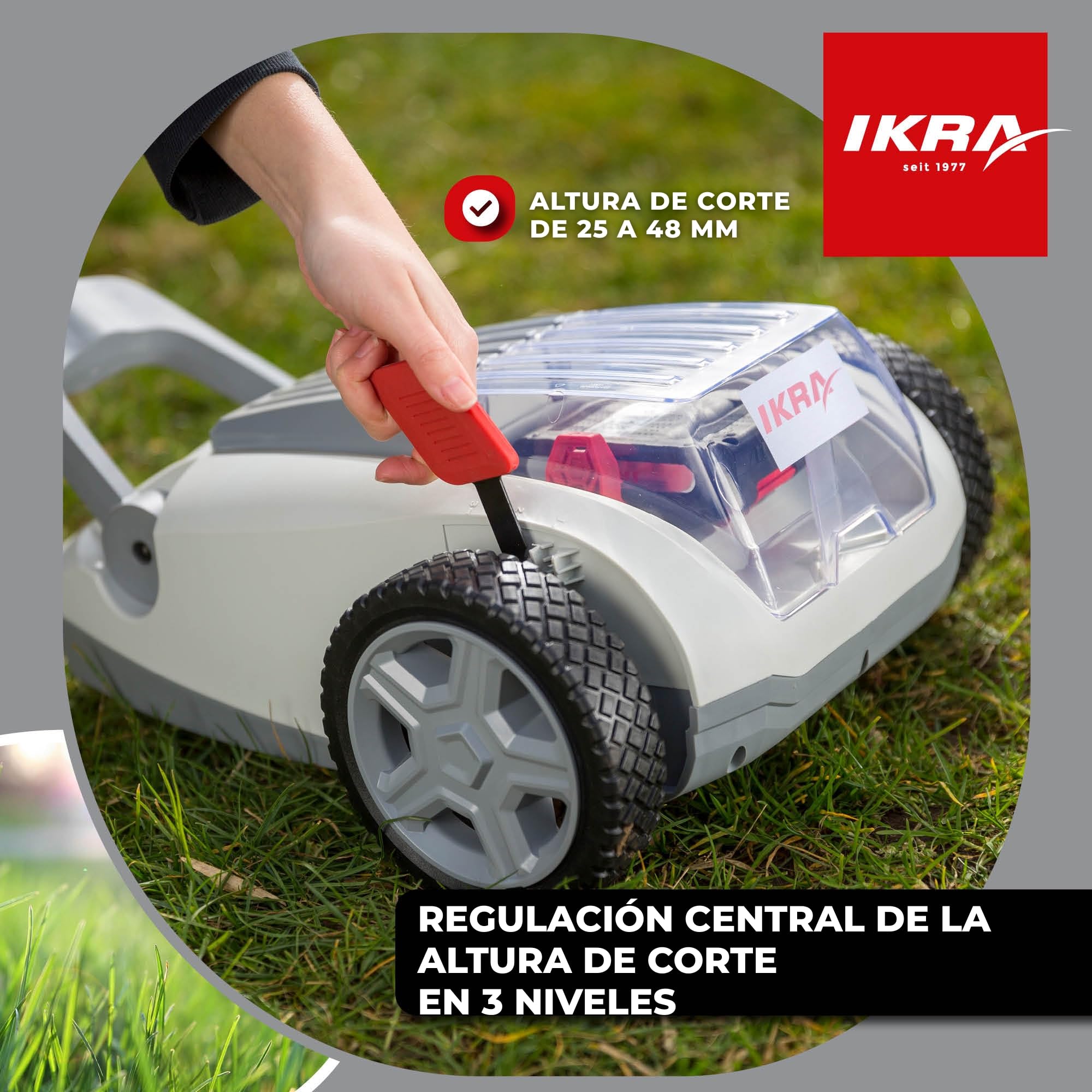 IKRA cortacésped ICHM 20, con cuchilla de repuesto, 2 baterías y cargador | Con función de mulching, recomendado para 50 m², ancho de corte de 21cm, altura de corte de 25-48mm, gama de 20V de IKRA