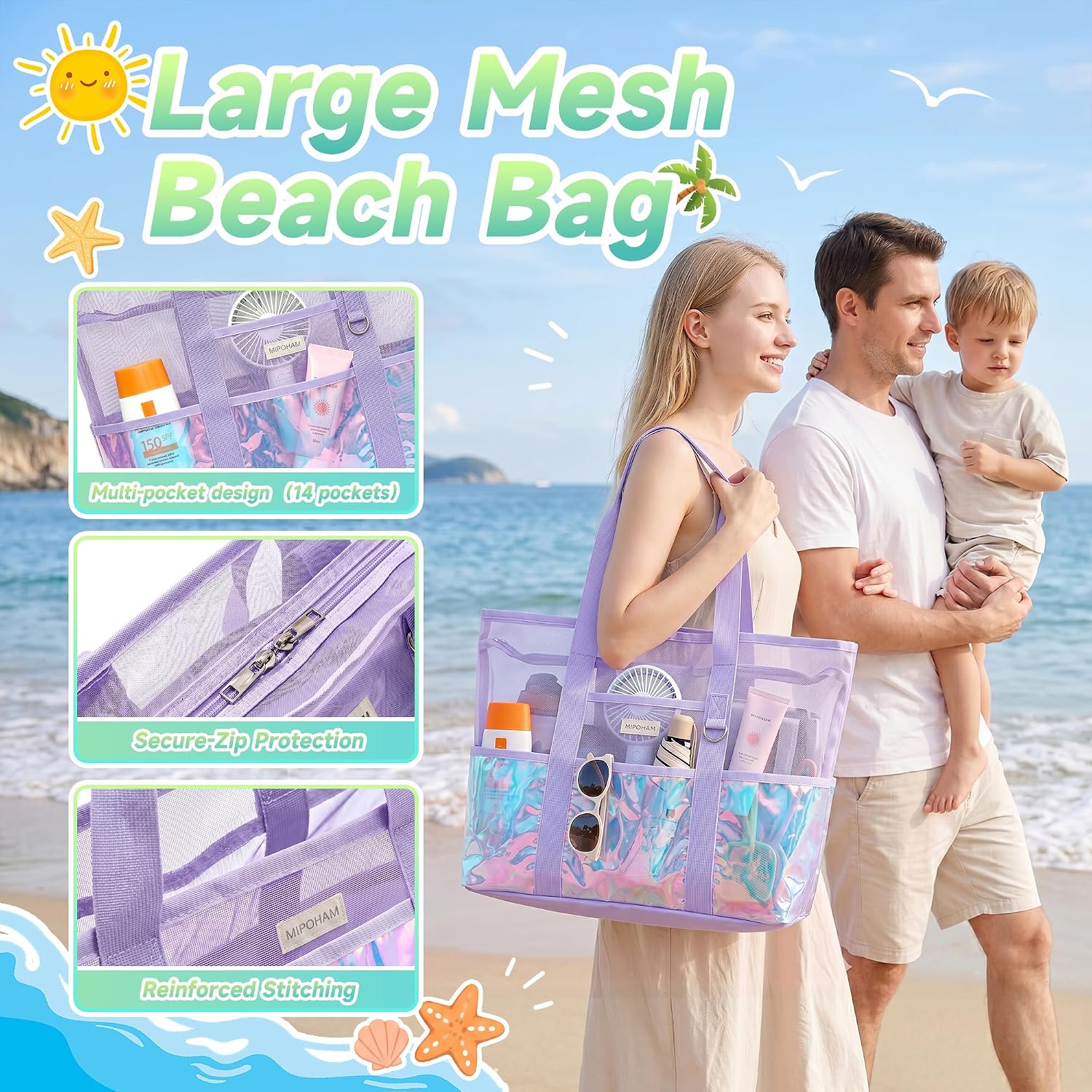 Mesh Beach Bag with Zipper,Large Beach Tote Bags for Women,Pool Swim Bag, Travel Tote Bags,Beach Vacation Essentials