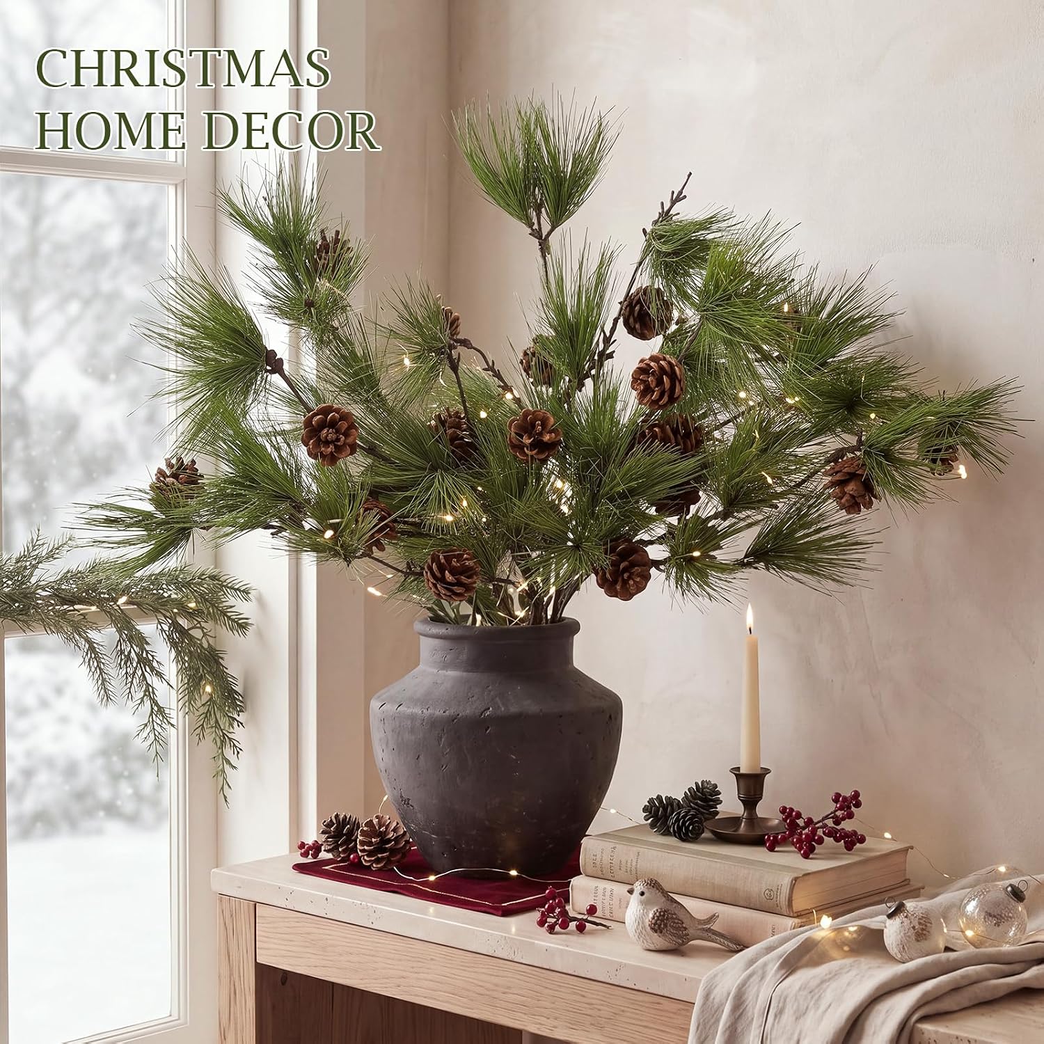 Wavwavw 6 Pcs 25.5 Inch Christmas Artificial Pine Branches with Pine Cones
