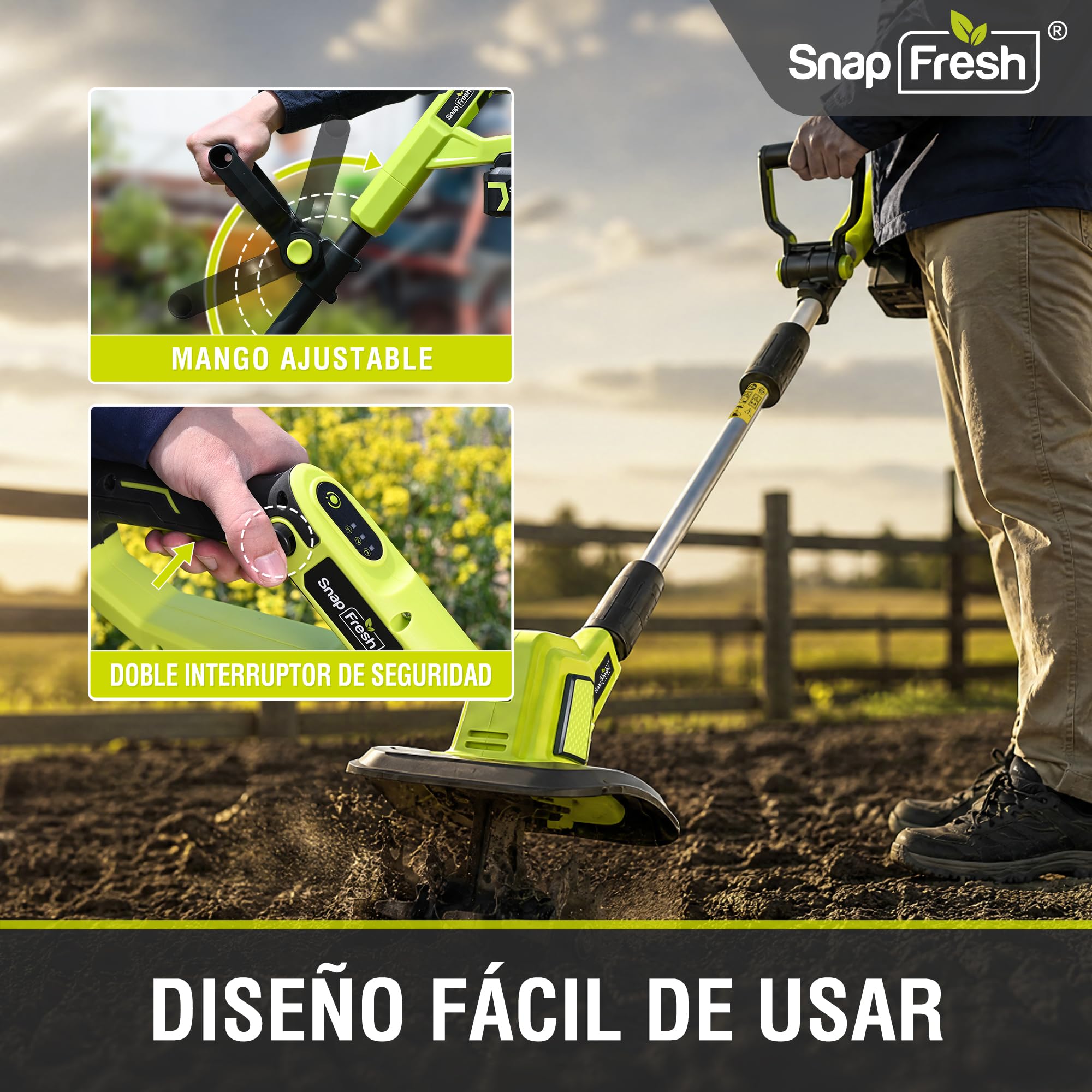 SnapFresh Motoazada de Batería Inalámbrica 20V - Fresadora de Jardín Eléctrica con Batería 4,0 Ah y Cargador Rápido para Parterres
