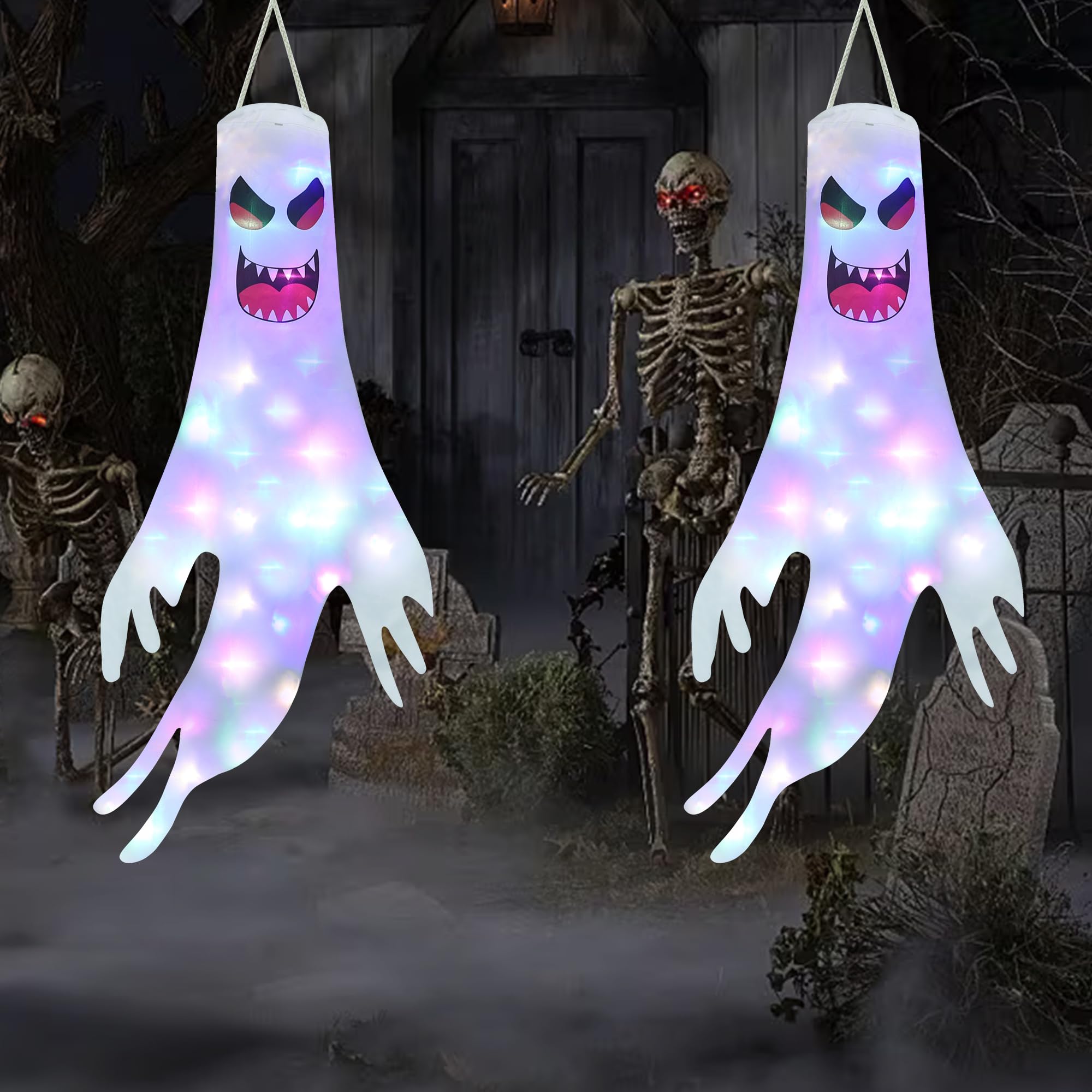 Qedertek Halloween Decorazioni per Esterno - 120cm Appendere a Fantasma con Catena Luminosa Colorata, Sacco a Vento Horror Casa Infestata per Giardino, Finestra, Bar