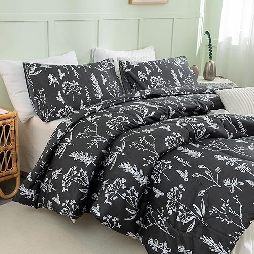 Miniatura 2 de Juego de edredón botánico de 3 piezas de microfibra suave y ligera, 1 edredón y 2 fundas de almohada, tamaño Queen, color negro, tamaño Queen