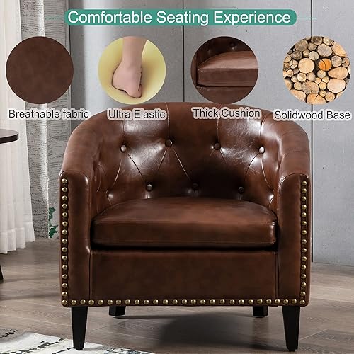 Miniatura 12 de Goujxcy Sillón de barril estilo club para sala de estar, acogedora y moderna silla de microfibra con cabeza de clavos y patas de madera maciza para