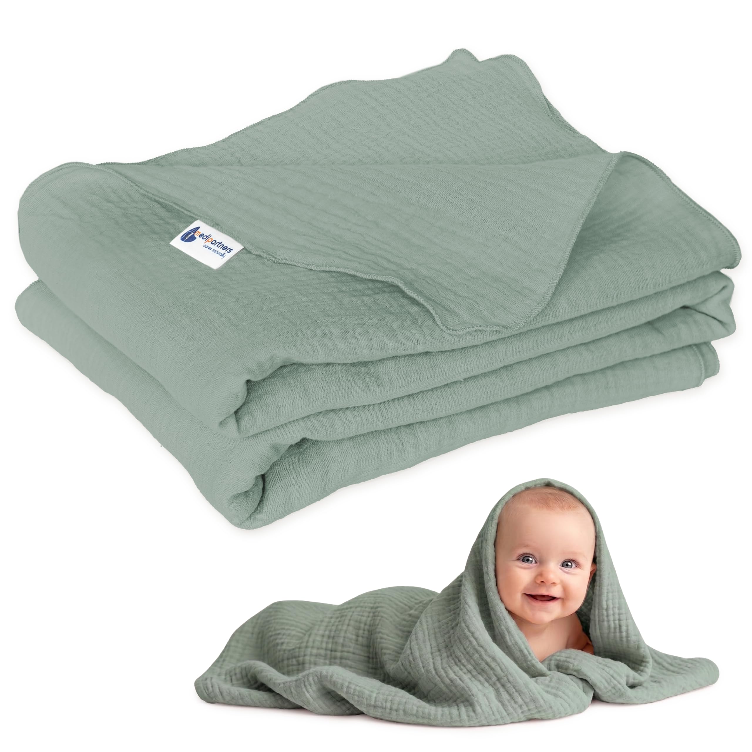 Medi Partners Muslin Baby Blanket 100 x 150 cm Baby Blanket Muslin Blanket Newborn - Thin Cuddly Blanket Summer Baby Blankets for Toddlers Crawling Blanket Children's Bed Pram (Olive)