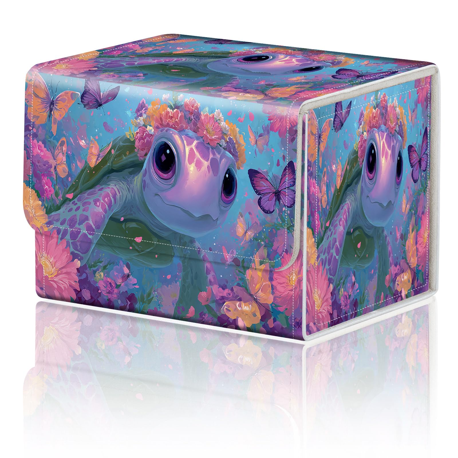 Card Game Storage Box for TCG Deck Box MTG Card Box Organizer Trading Card Case Commander Deck Box TCG Card Storage Box Magnetic Closure Creative Pattern Up to 200 Cards,Purple Butterfly Flower Turtle — image 1