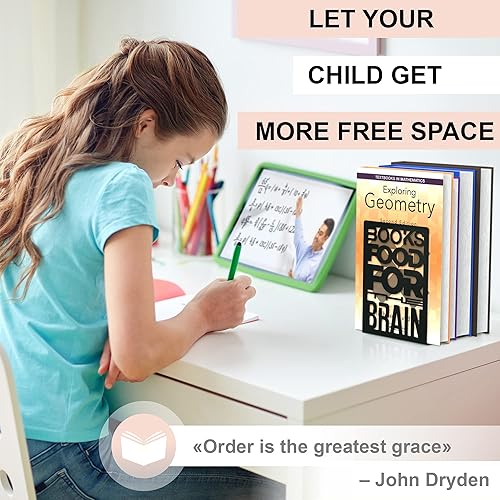 Miniatura 6 de CraftyCrocodile Sujetalibros de metal para estantes, sujetalibros negros de moda para libros pesados con almohadillas antideslizantes, tapones