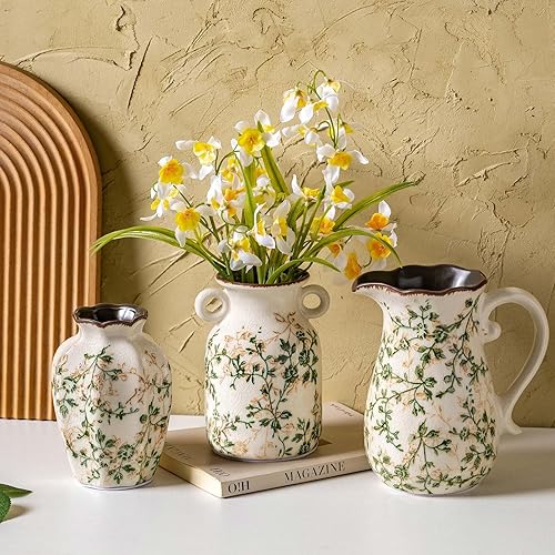 Ceramic Vases Set of 3, Green & Beige Chinoiserie Flower