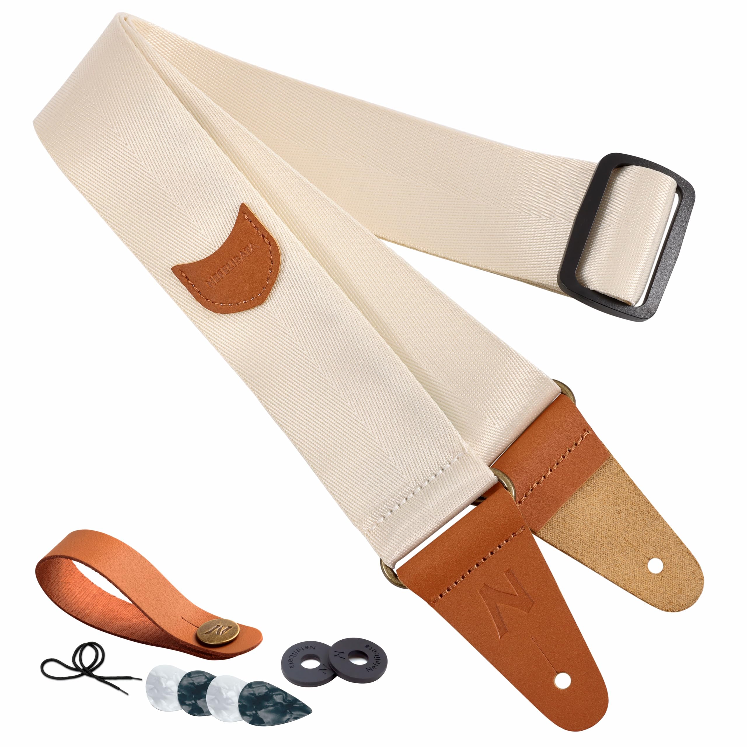 Nefelibata Guitar Strap with Pick Pocket, Vintage Nylon Full Grain Leather Ends Guitar Straps for Bass, Electric & Acoustic Guitar, with Strap Button, 1 Pair Strap Locks and 4 Guitar Picks (Beige)