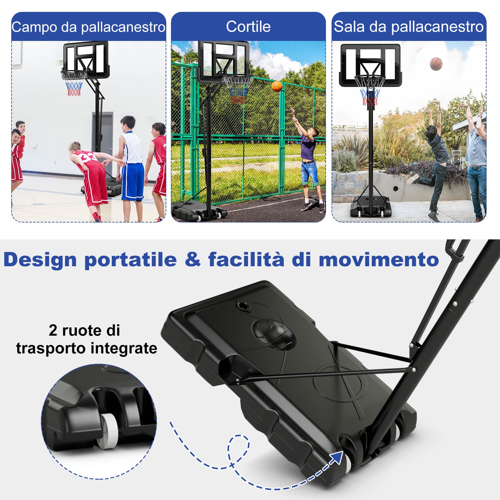 COSTWAY Canestro Basket da Interno ed Esterno per Adulti, Canestro da Basket Professionale e Regolabile in Altezza da 245 a 305 cm con Tabellone da 111cm, Base Riempibile e 2 Ruote