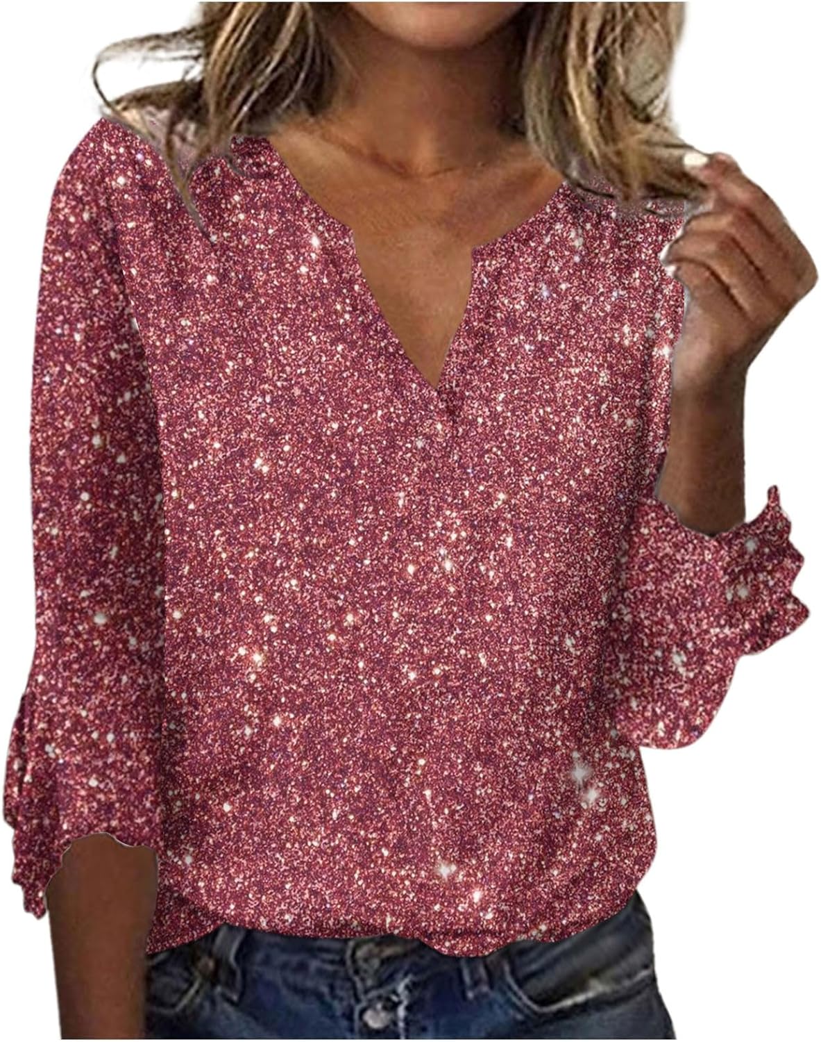 Womens 3/4 Sleeve Shirts Dressy Casual Plus Size Cute Tops Trendy Ruched Sexy V Neck Elegant Vintage Floral Blouses