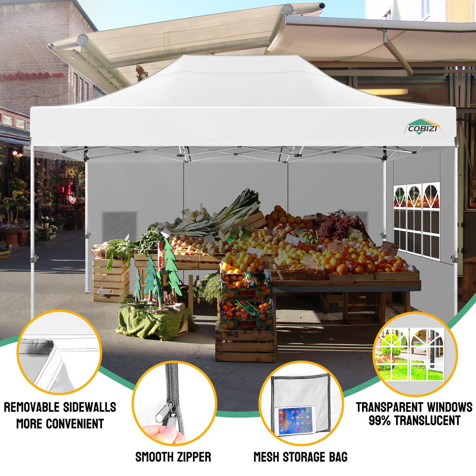 COBIZI 10x15 Pop up Canopy Heavy Duty with 4 Sidewalls, Easy Set-up Commercial Outdoor Party, 100% Waterproof Wedding Canopy Gazebo, 3 Height Adjustable with Handbag, White