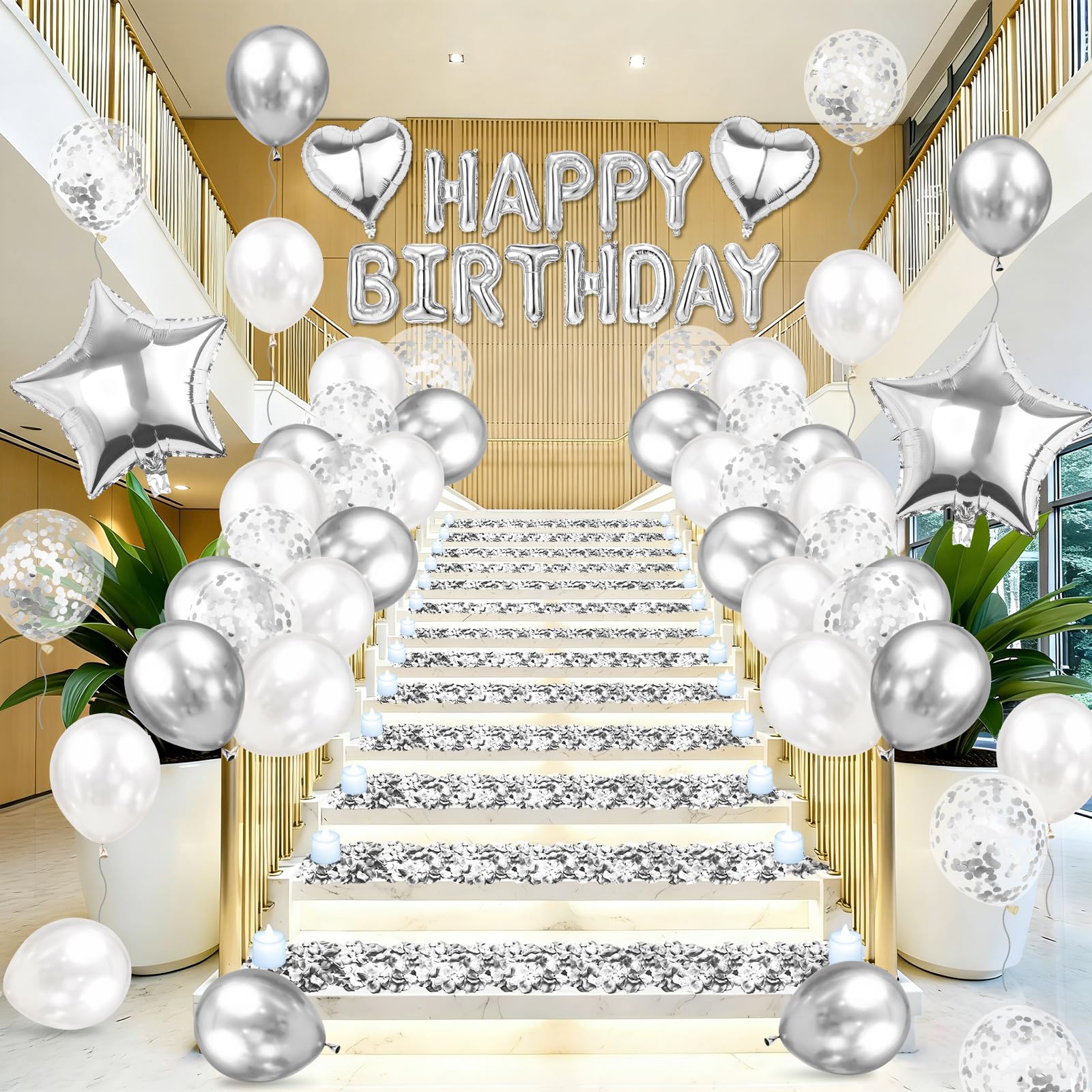 Globos plateados de feliz cumpleaños, decoración de globos de cumpleaños blancos y plateados con 6 globos de estrella, 400 pétalos de rosa artificiales, 24 velas LED sin llama para decoración de