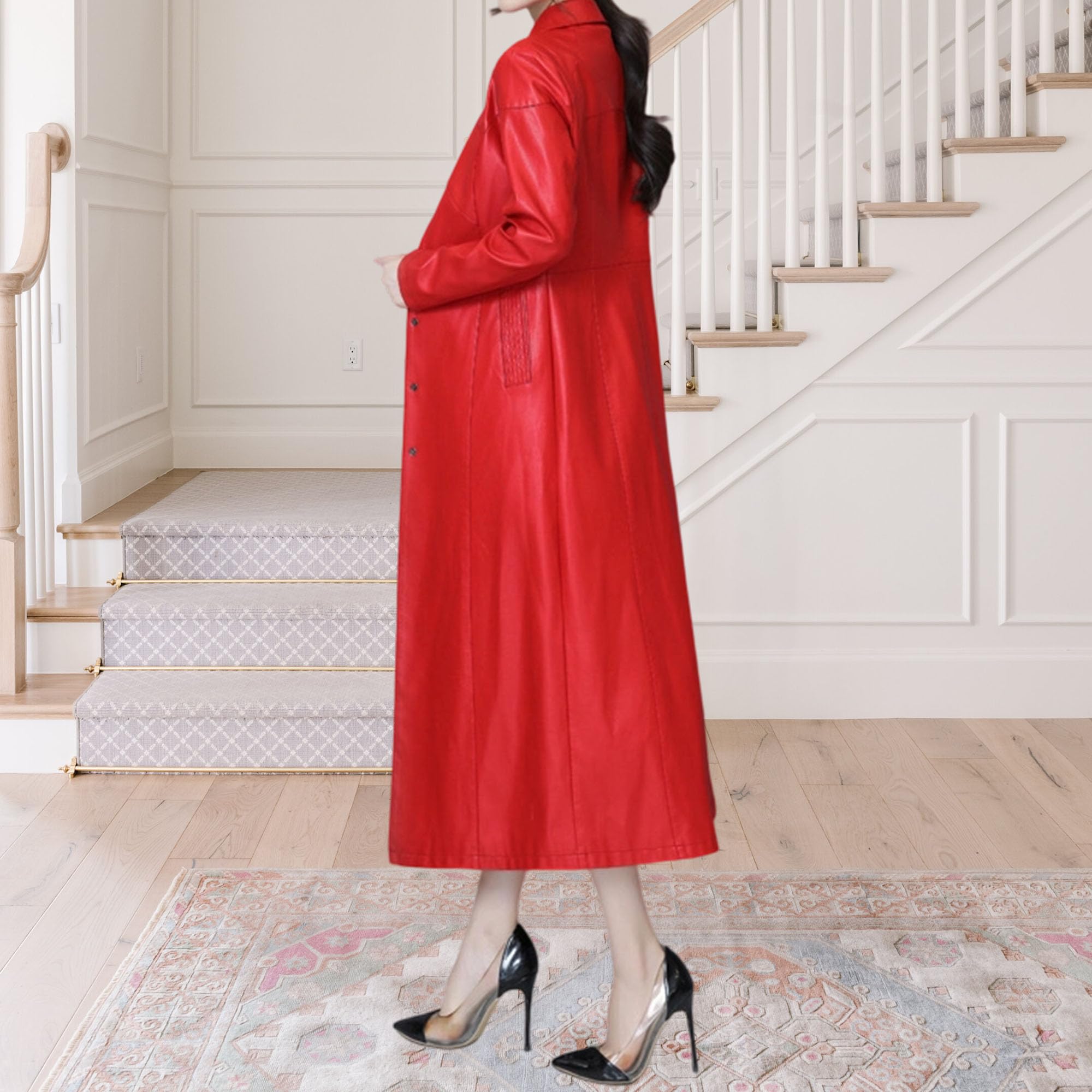 Cappotto lungo da donna in ecopelle con cintura, giacca esterna alla moda