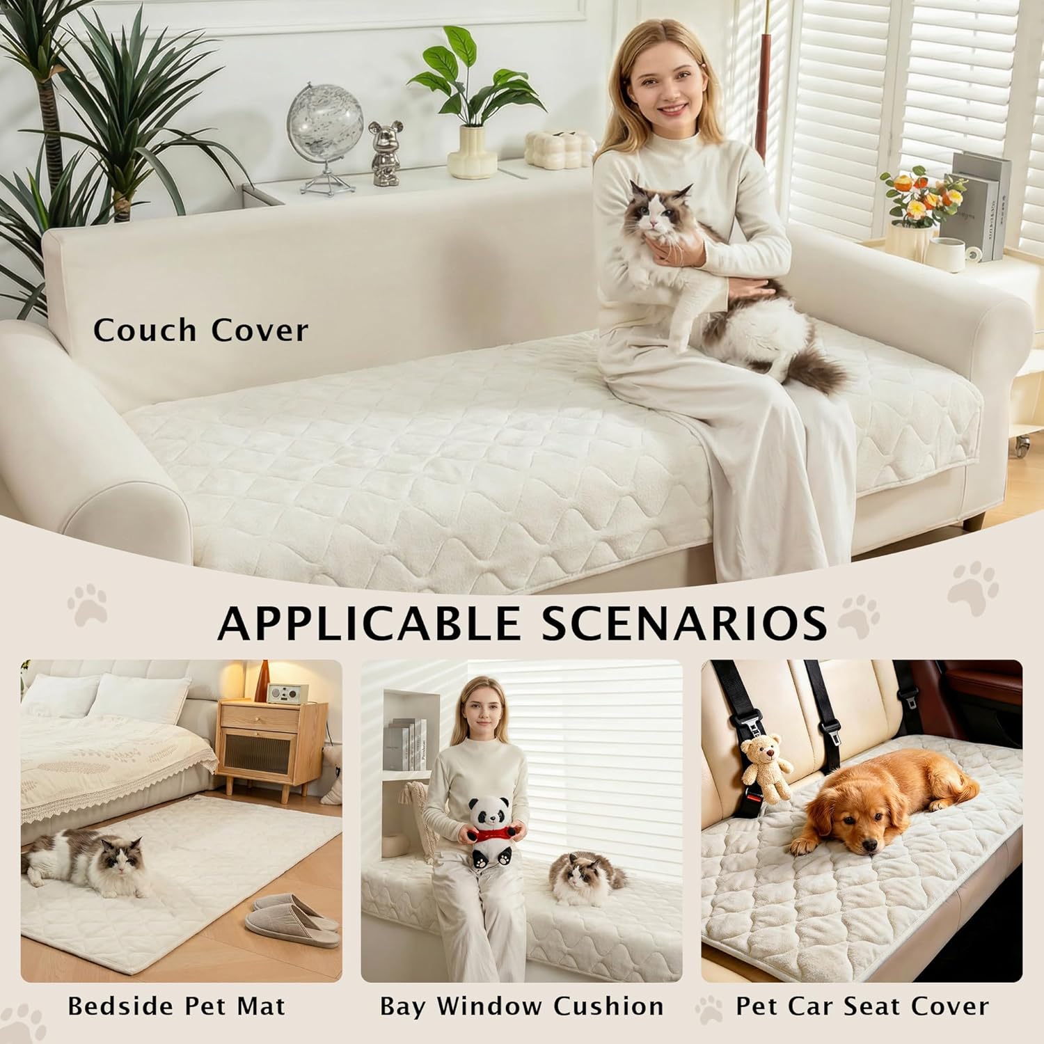 PuTian Waterproof Couch Cover for Dogs - Washable Sectional Sofa Cover with Non-Slip Straps, Pet Friendly Couch Protector & Dog Mat - 36''X63'' 90cmX160cm Off White