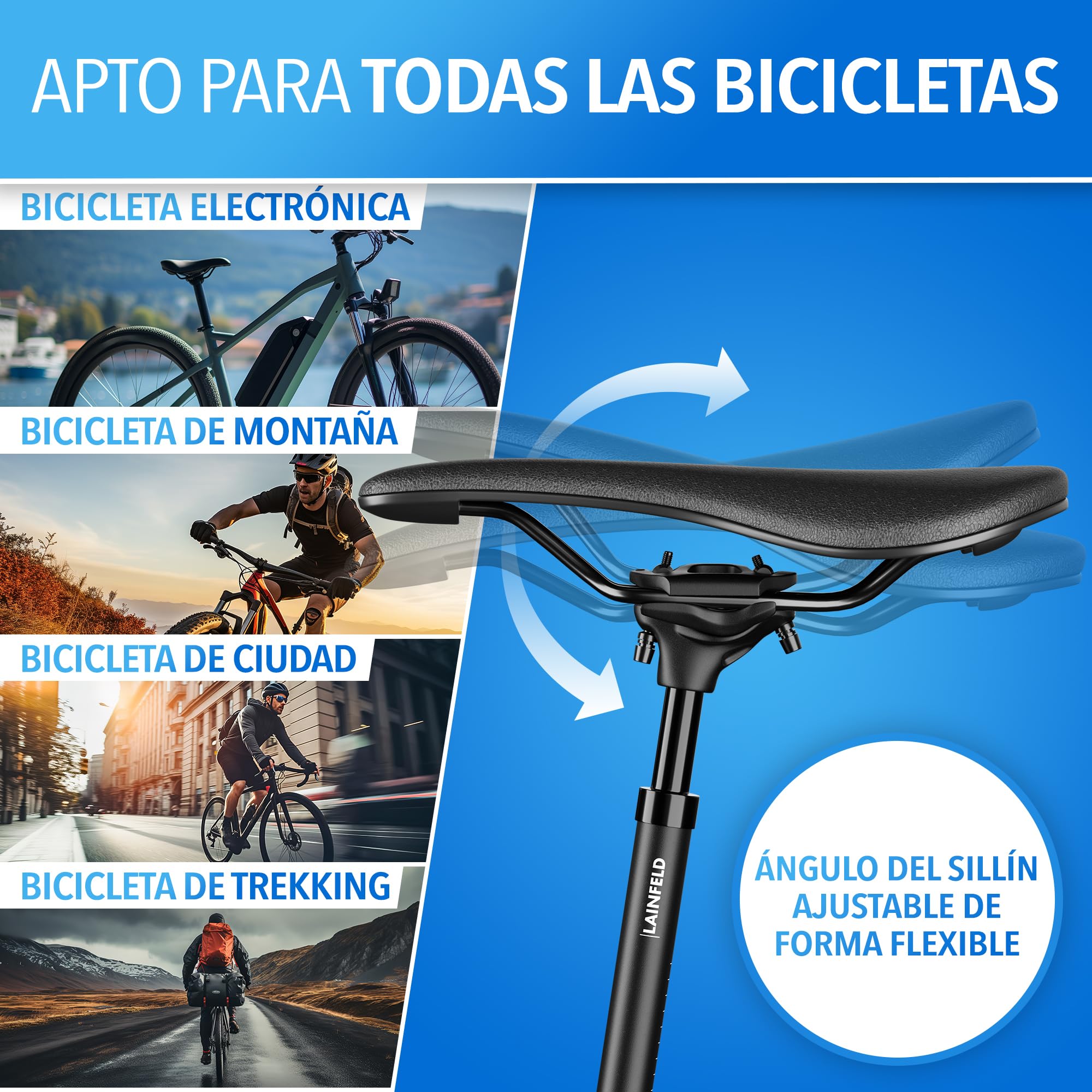Tija de sillín con suspensión LAINFELD | Ajustable para MTB y E-Bike | Compatible con 27,2 mm, 30,9 mm y 31,6 mm | Incluye Herramientas | Ideal para Hombre y Mujer Ciclistas.