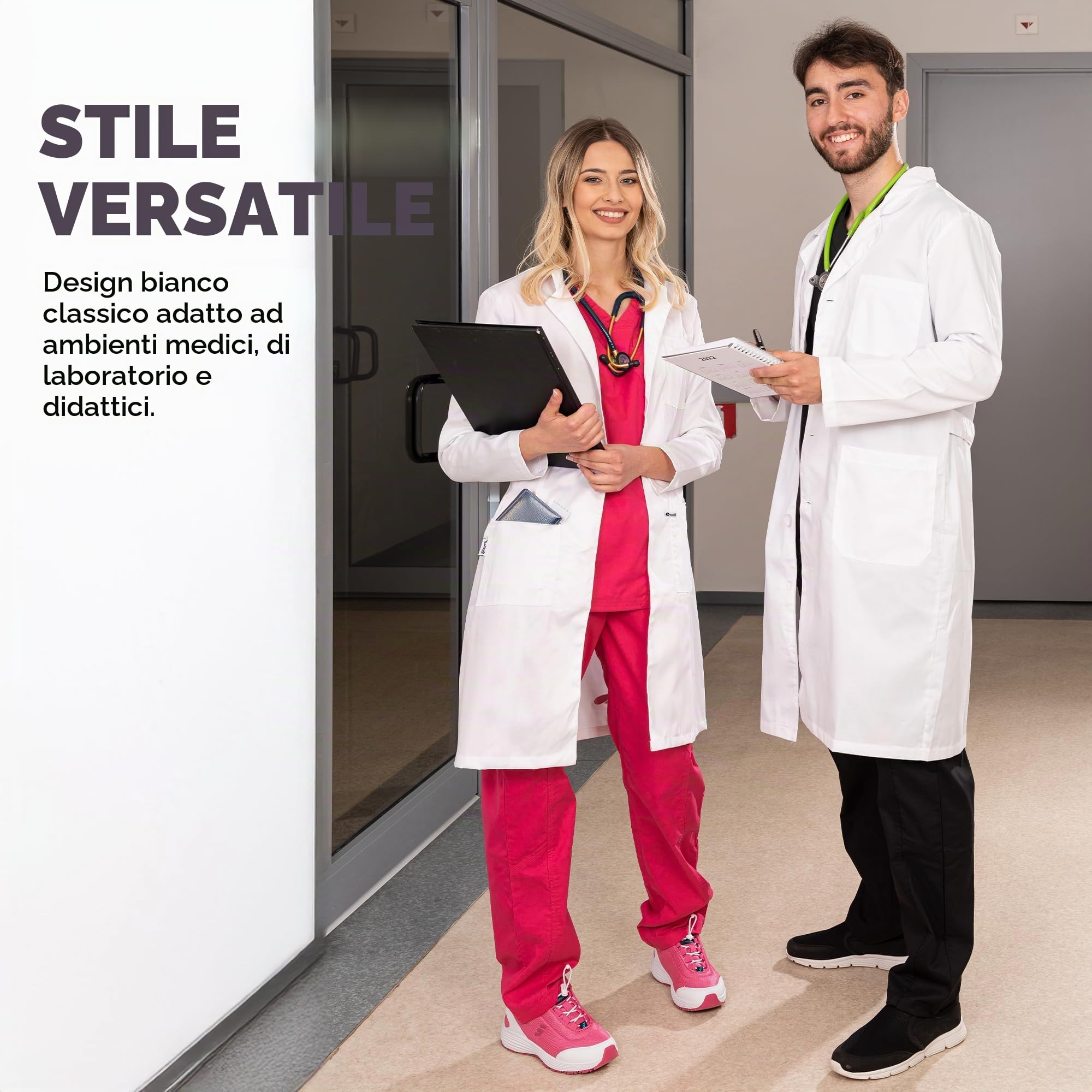 Bwell Bianca Camice da Laboratorio Donna - Camice Bianco - Camice Medico Donna Cappotto Bianco per Laboratorio, Medicina e Studio, 3 Tasche con Bottoni
