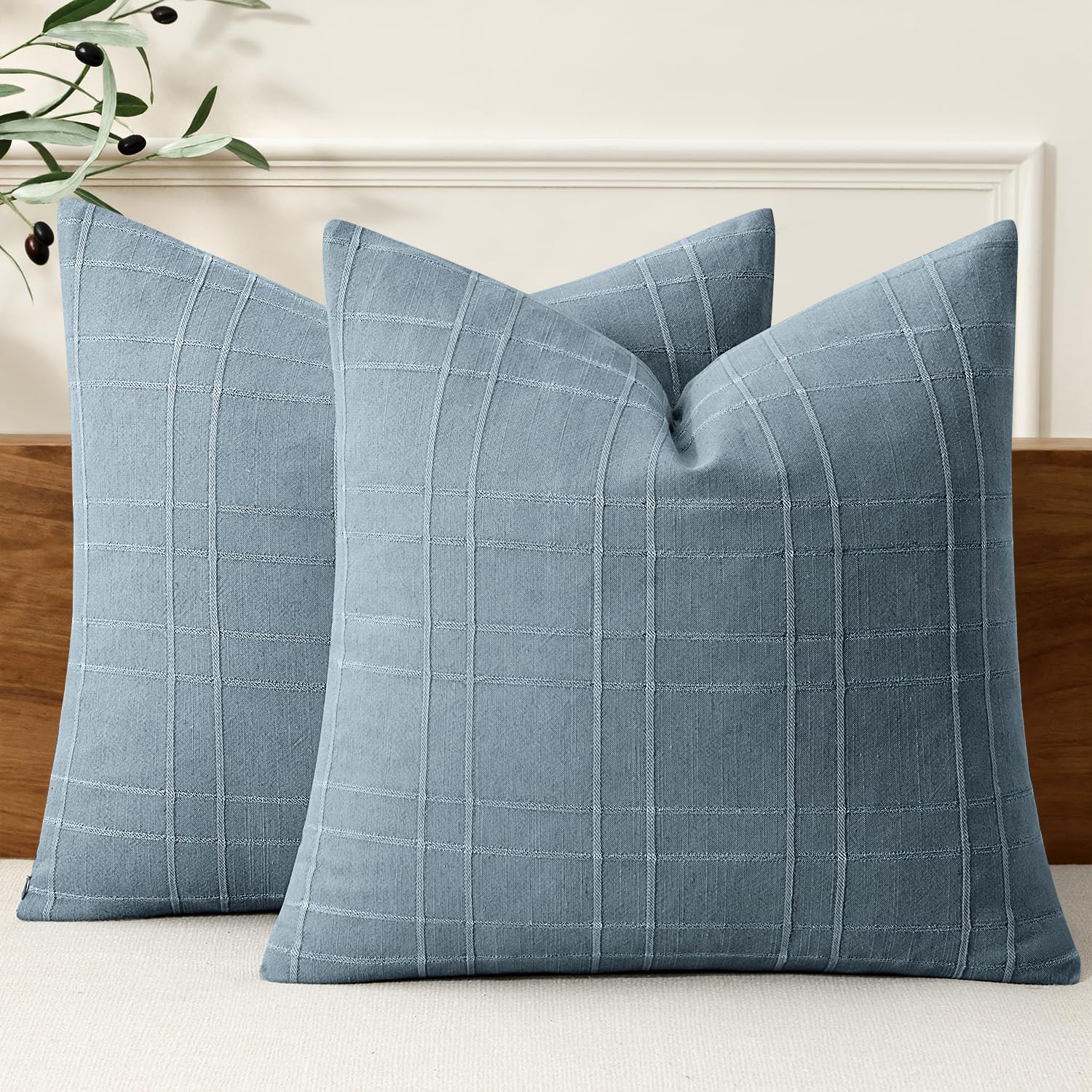 MIULEE Linen Plaid Pillow Covers Coastal Decorative 18x18 Blue Grey