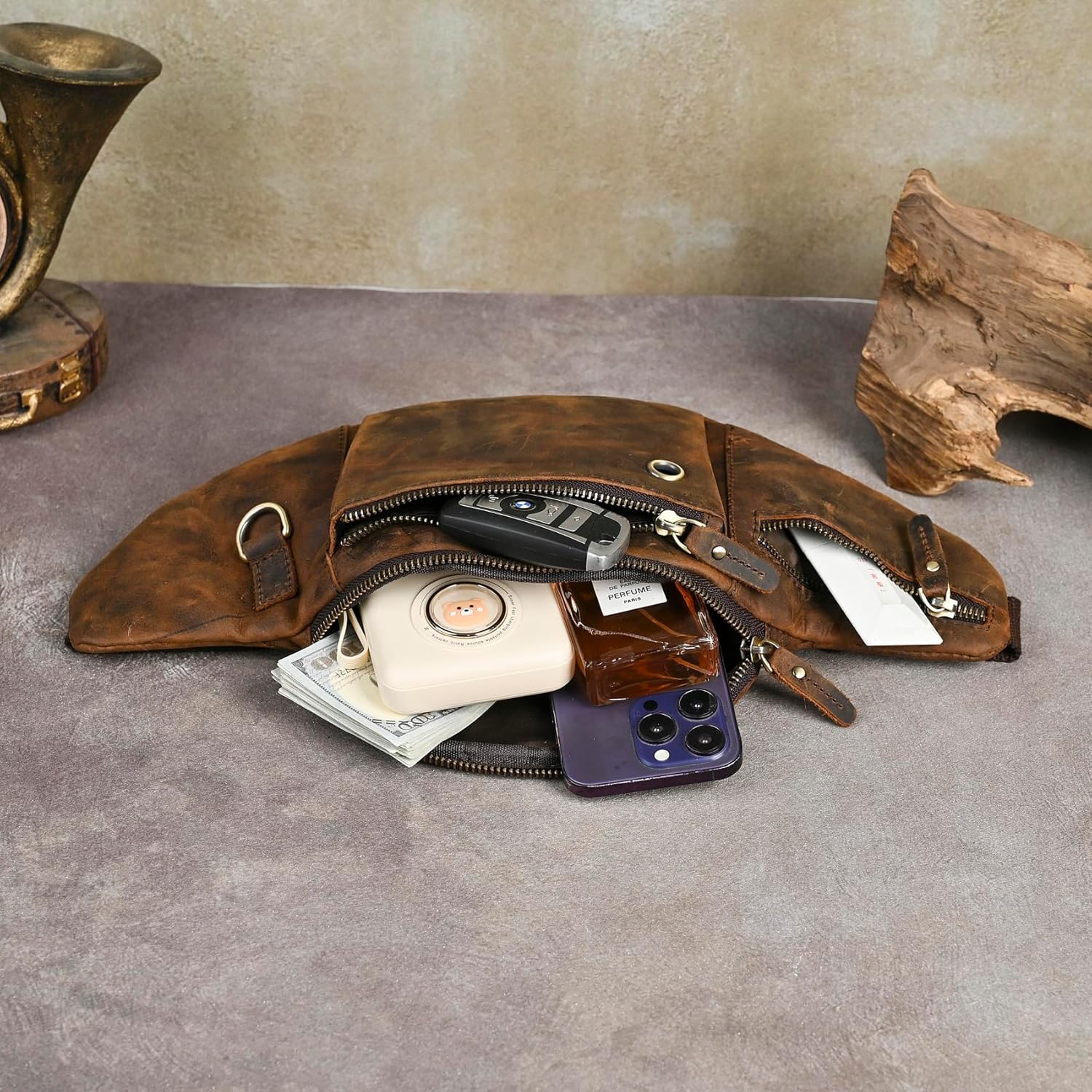 Thick Crazy Horse Leather Hiking Riding Travel Outdoor Belt Bag Fanny Waist Pack Small Phone Pouch For Men Women 380 (389 Brown) - Image 6