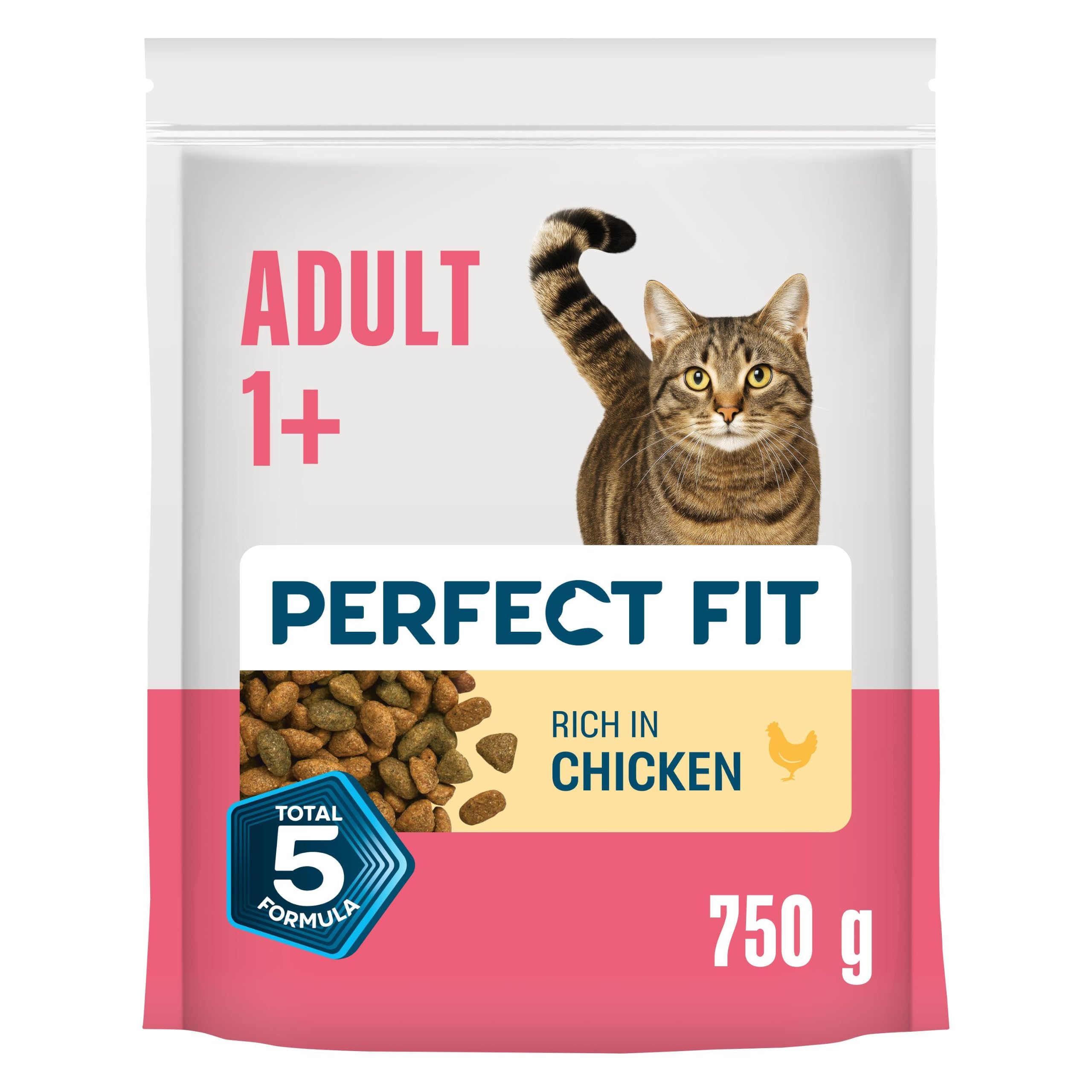 Perfect Fit Adult 1+ Complete Dry Cat Food for Adult Cats Aged 1+ Years, Rich in Chicken, 4 Bags (750 g)